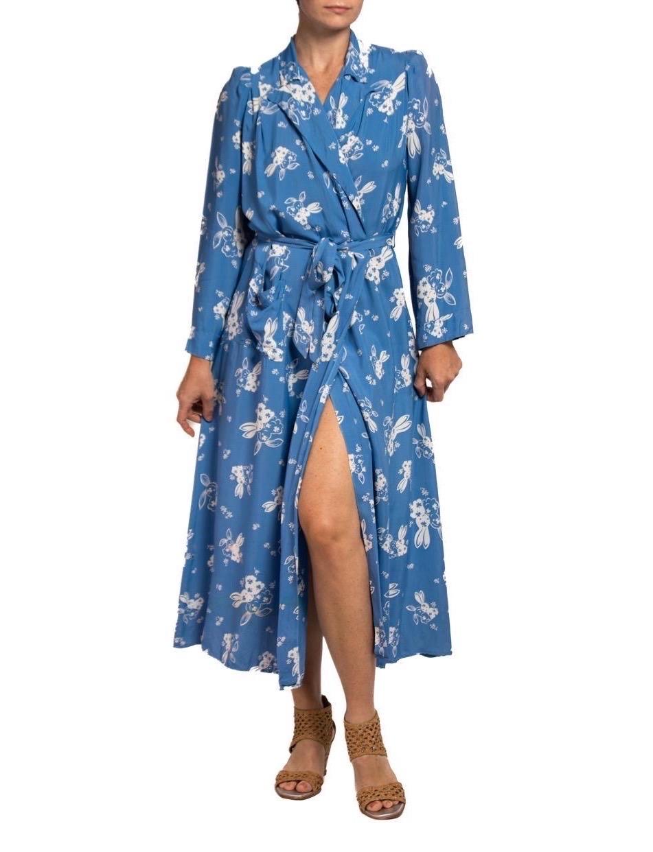1940S Blue & White Cold Rayon Novelty  Bunny Print Wrap Dress For Sale 4
