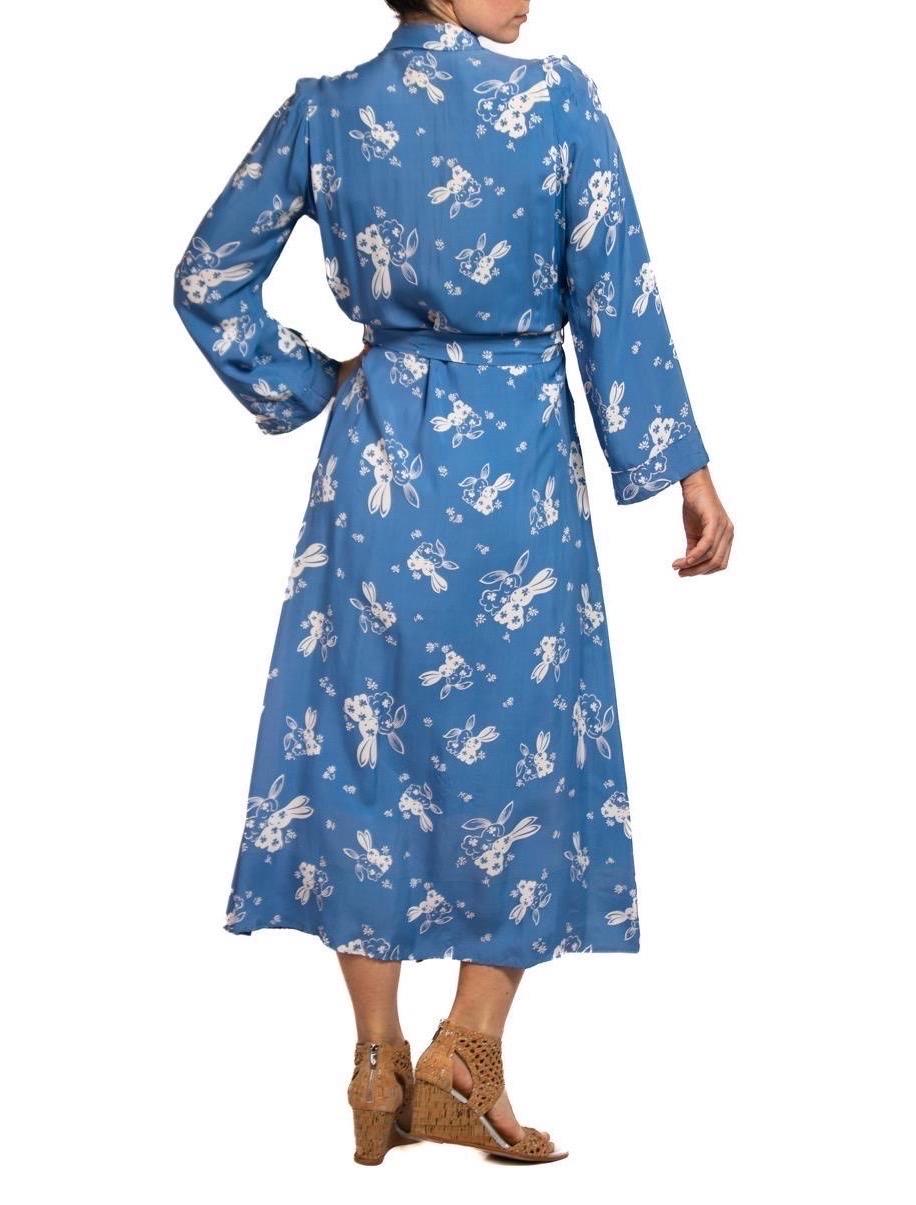 1940S Blue & White Cold Rayon Novelty  Bunny Print Wrap Dress For Sale 5
