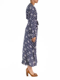 1940S Blau & Weiß Kalt Rayon Polka Dot Kleid mit Reißverschluss vorne Taschen