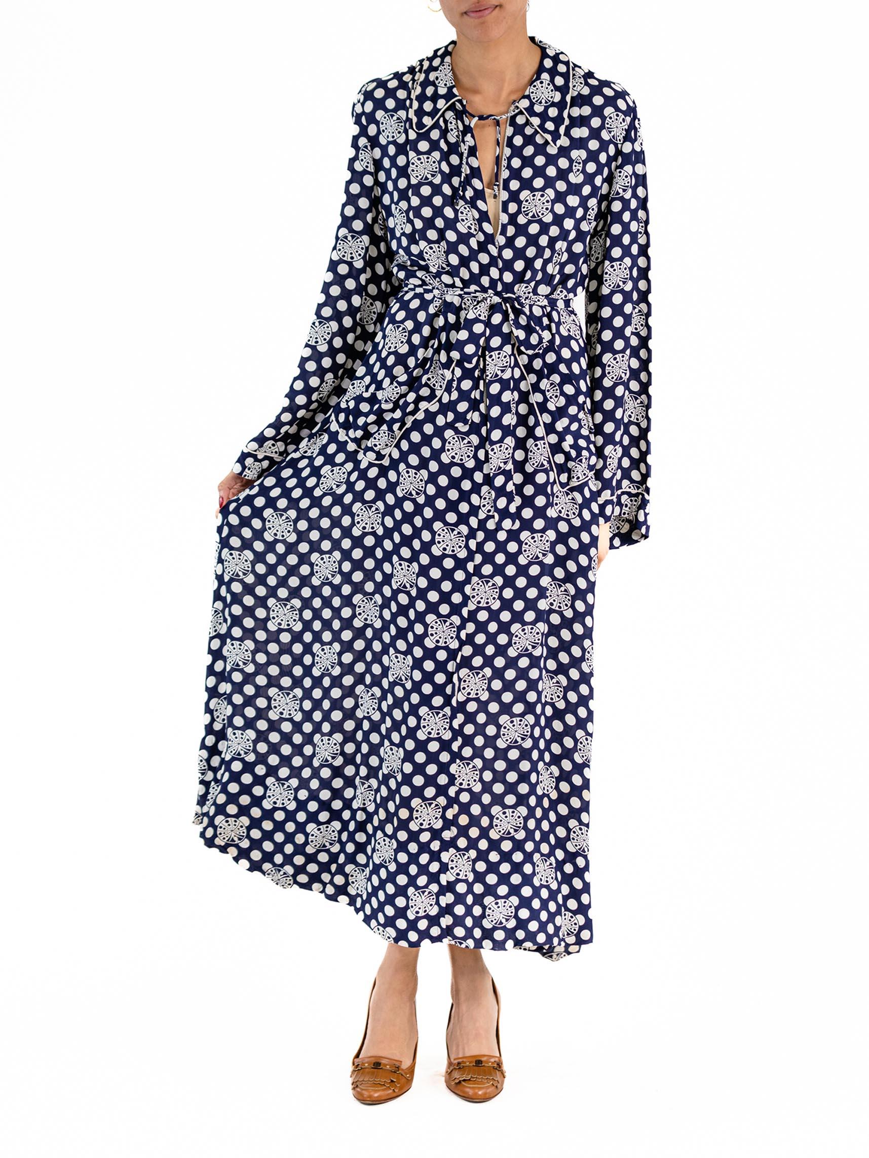 1940S Blue & White Cold Rayon Polka Dot Dress With Zipper Front Pockets For Sale 1