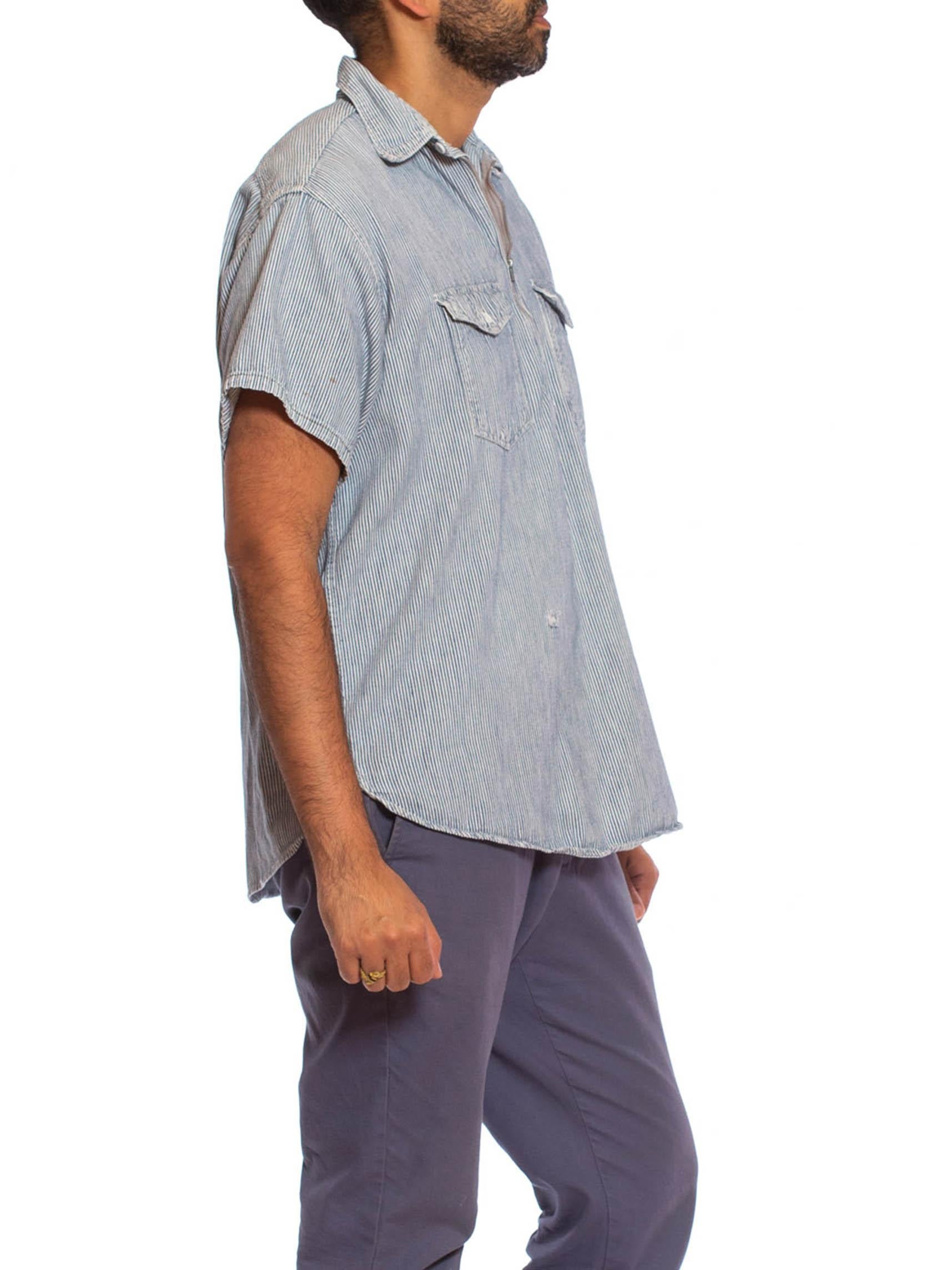 Gray 1940S Blue & White Cotton Railroad Stripe Zip Front Pullover Shirt