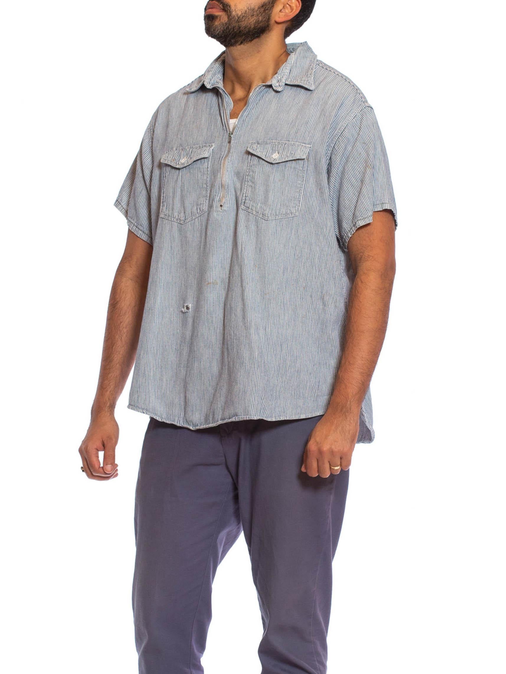 1940S Blue & White Cotton Railroad Stripe Zip Front Pullover Shirt 1