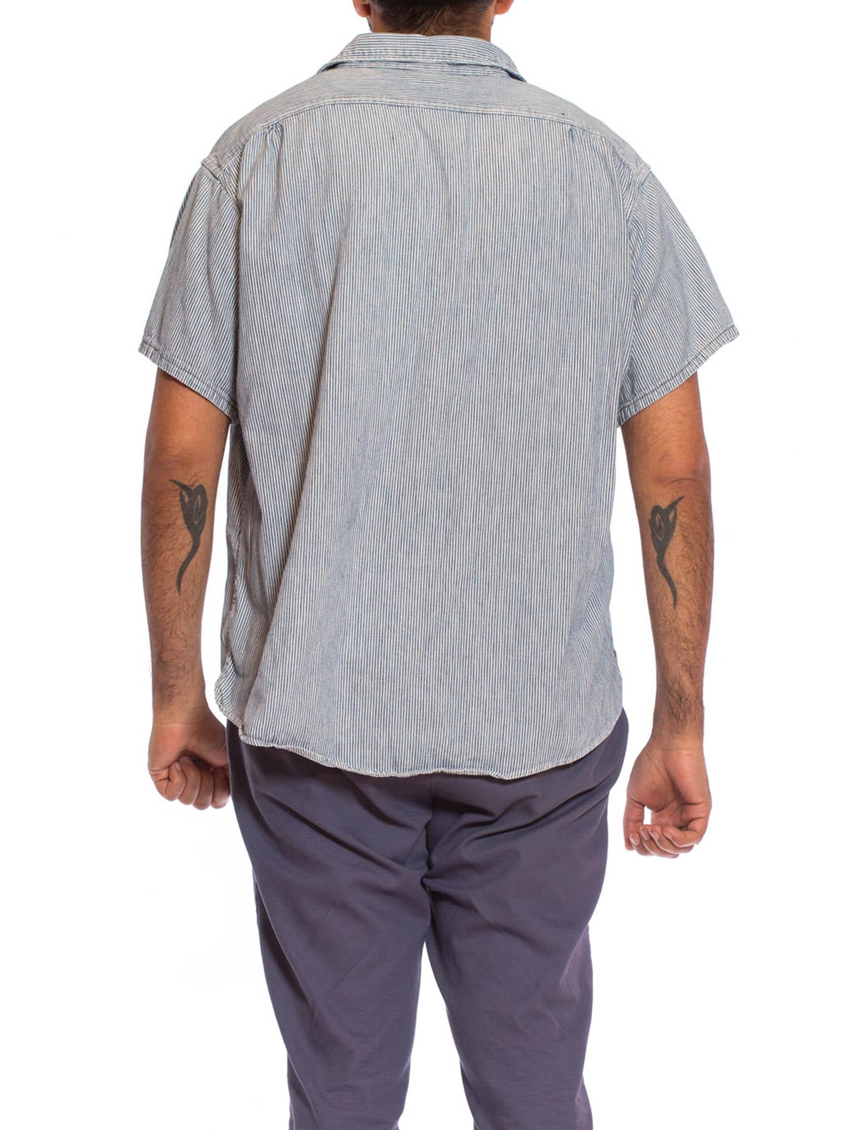 1940S Blue & White Cotton Railroad Stripe Zip Front Pullover Shirt 3