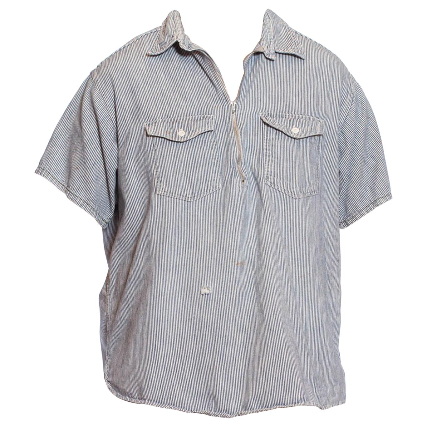 1940S Blue & White Cotton Railroad Stripe Zip Front Pullover Shirt