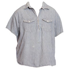 Vintage 1940S Blue & White Cotton Railroad Stripe Zip Front Pullover Shirt