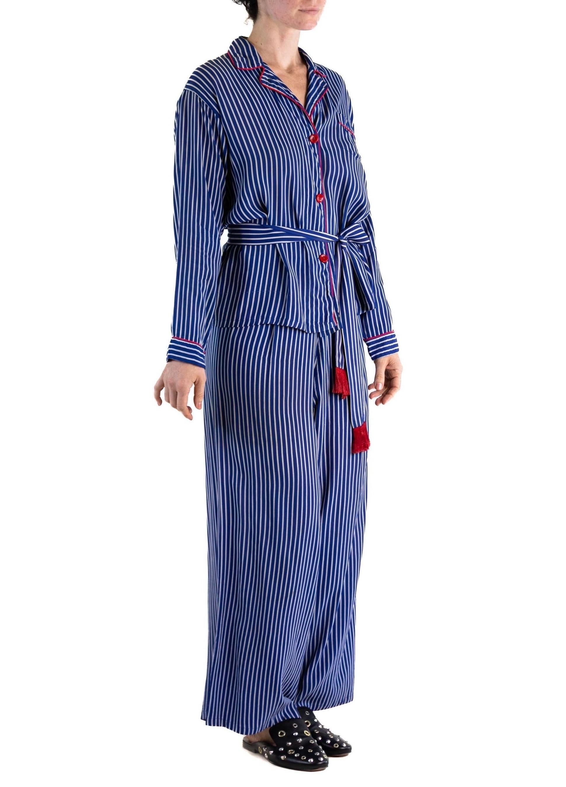 Women's or Men's 1940S Blue & White Rayon Pajamas With Red Piping For Sale
