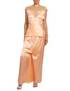1940S Blush Pink Bias Cut Rayon Satin Lounge Pajamas With Lace Trim At Top And