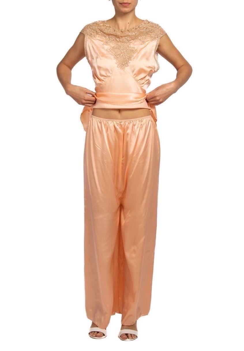 1940S Blush Pink Bias Cut Rayon Satin Lounge Pajamas With Lace Trim At Top And  For Sale 5