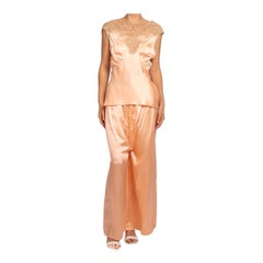 1940S Blush Pink Bias Cut Rayon Satin Lounge Pajamas With Lace Trim At Top And