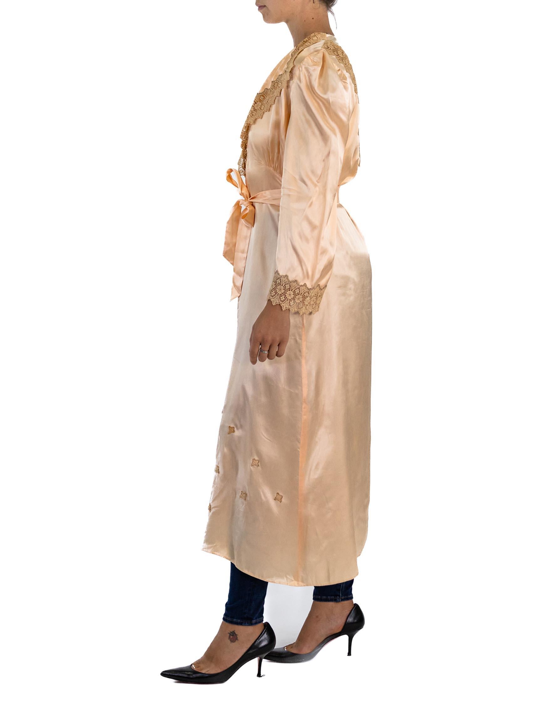 Beige 1940S Blush Pink Rayon Satin Lace Trimmed Robe For Sale