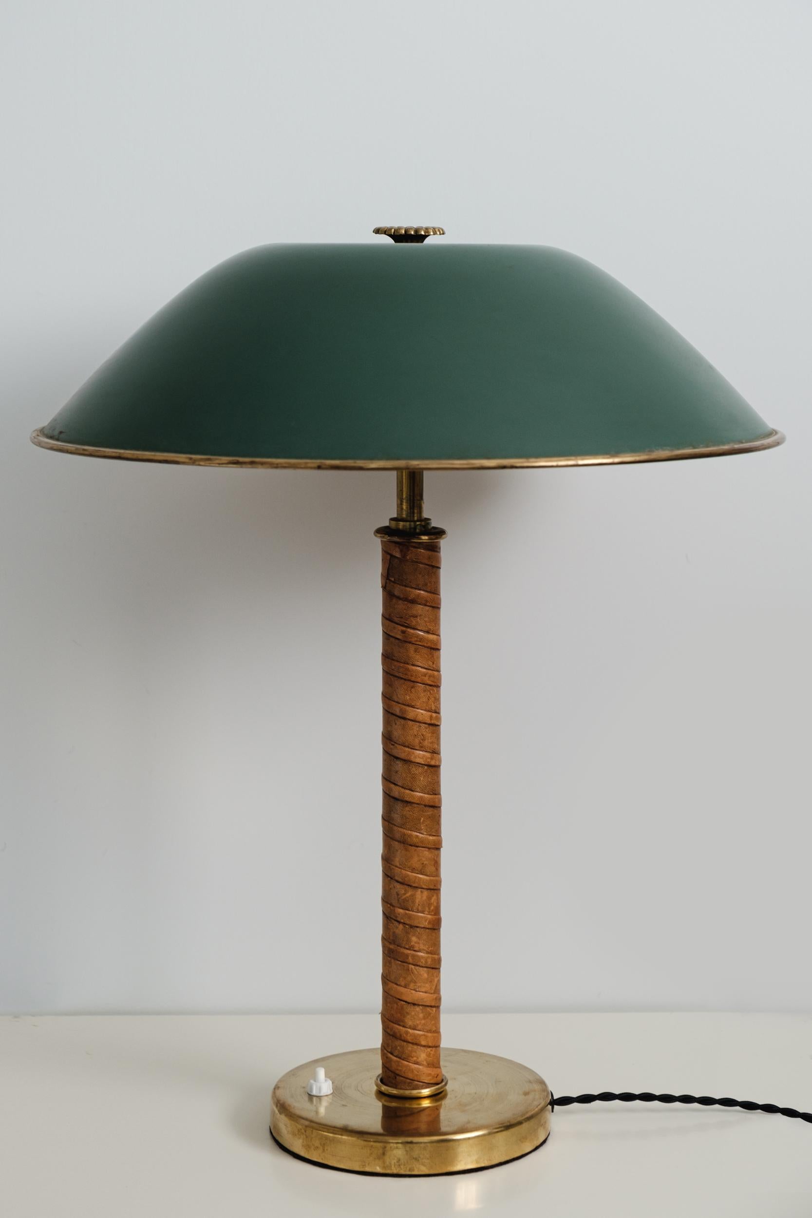Scandinavian Modern 1940s Böhlmarks Brass and Leather Table Lamp