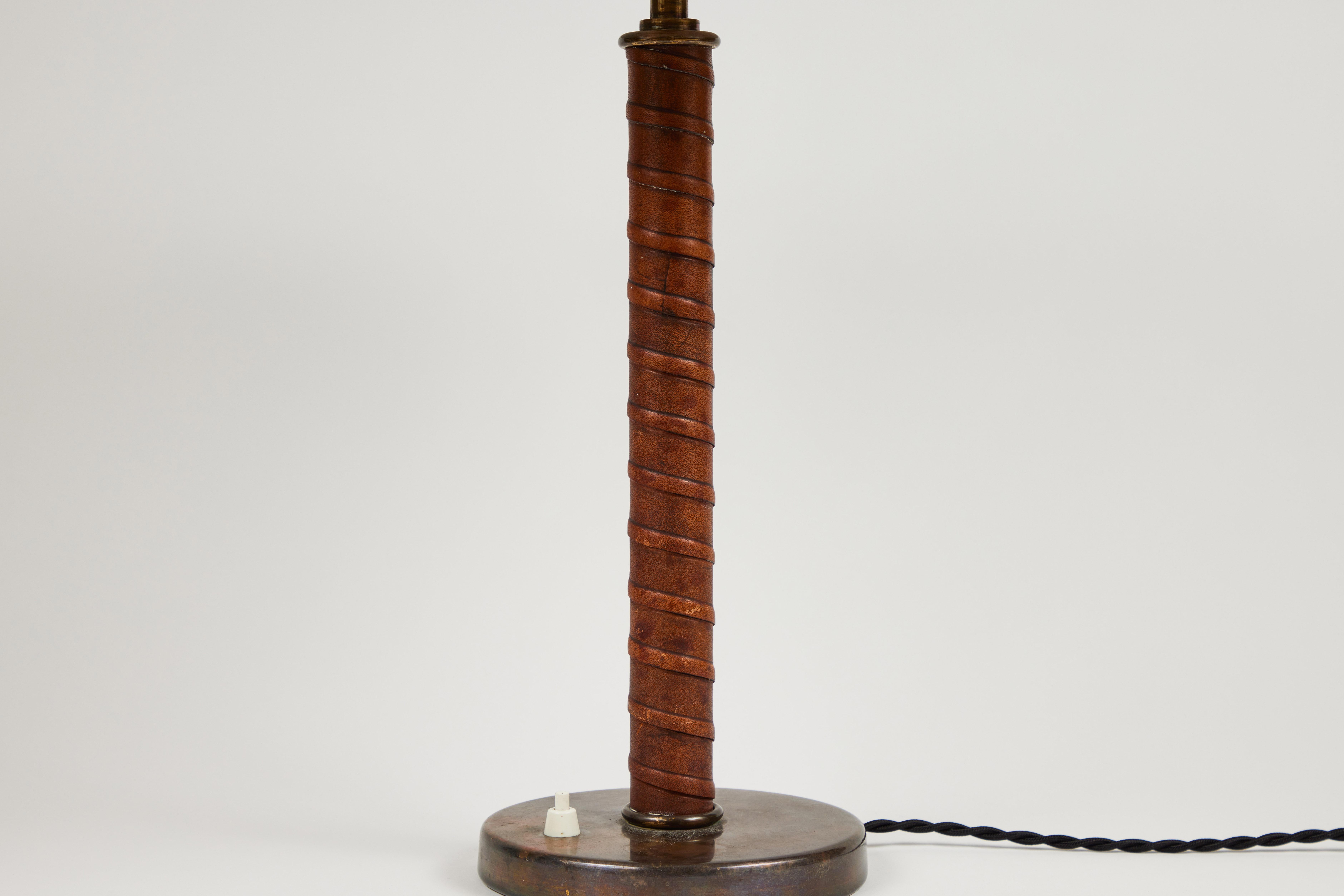 Painted 1940s Böhlmarks Brass and Leather Table Lamp