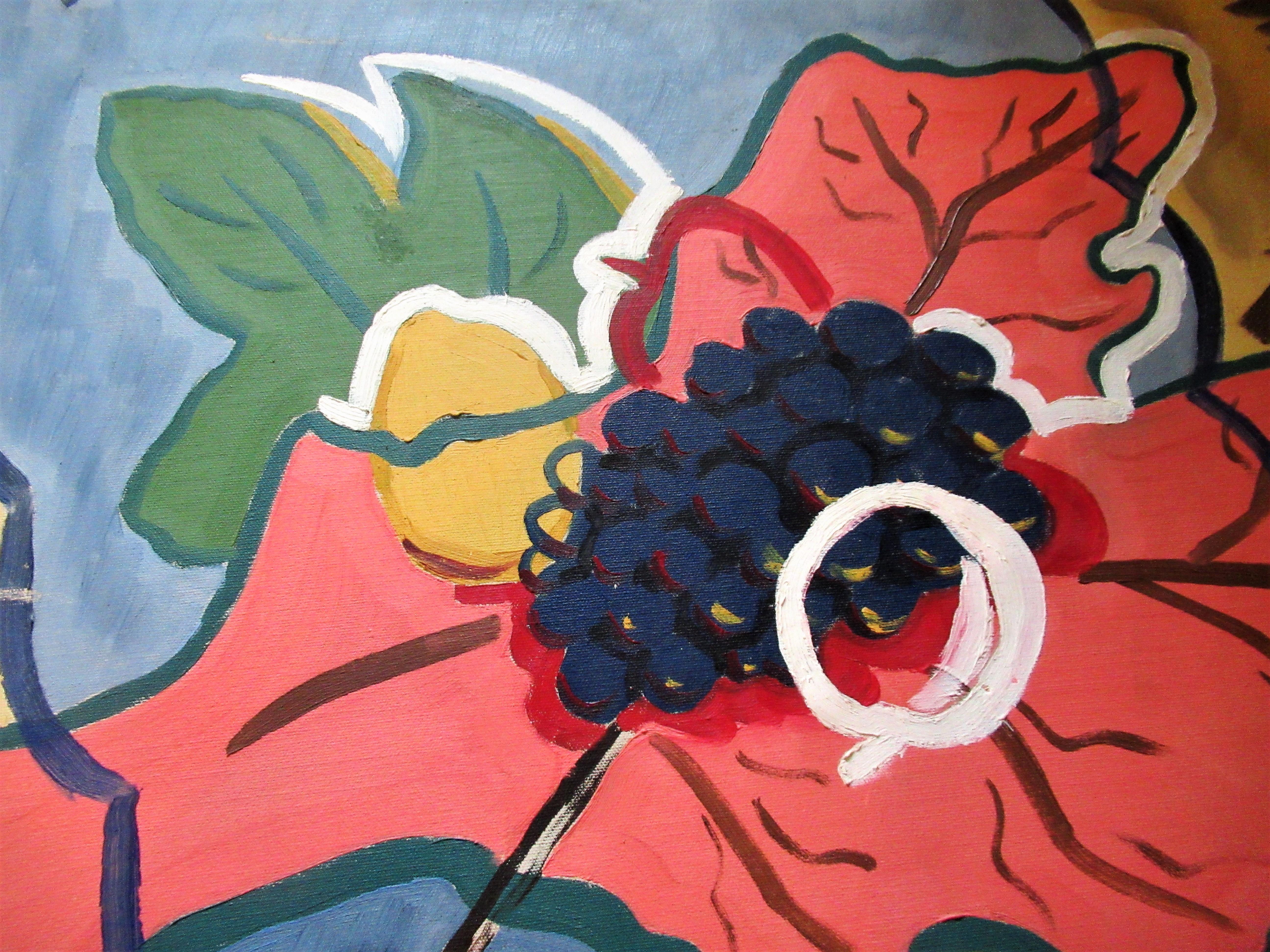 A very bold abstract primitive flower leaf and grapes painting by Leon Salter aka Zoute (1903-1976 North Rose, NY) with great spontaneity and warm brilliant inviting colors. Signed Zoute bottom right. Not dated yet this is indicative of his work