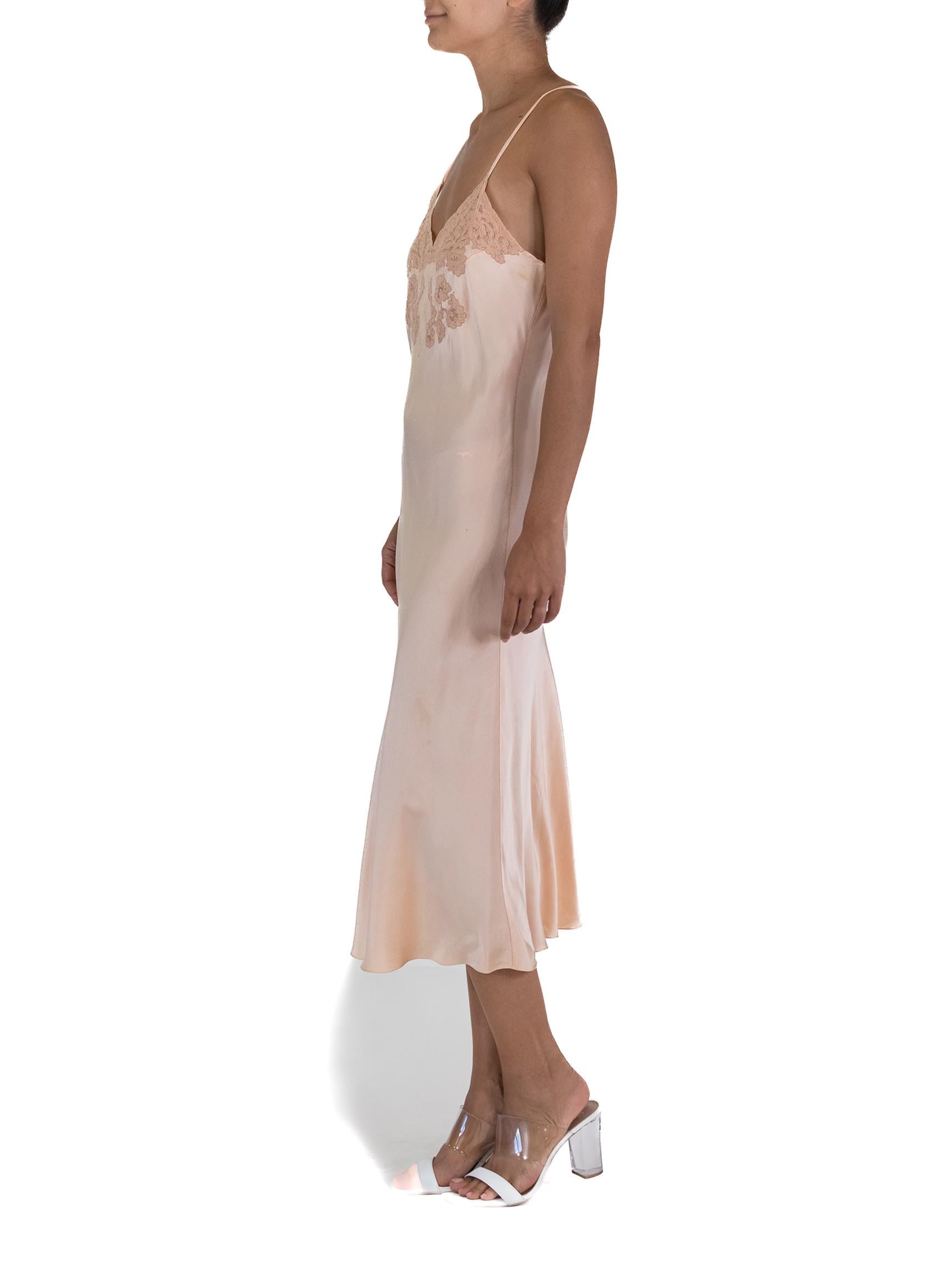 Beige 1940S Bontell Peach Silk Slip All Handmade With Lace Detail For Sale