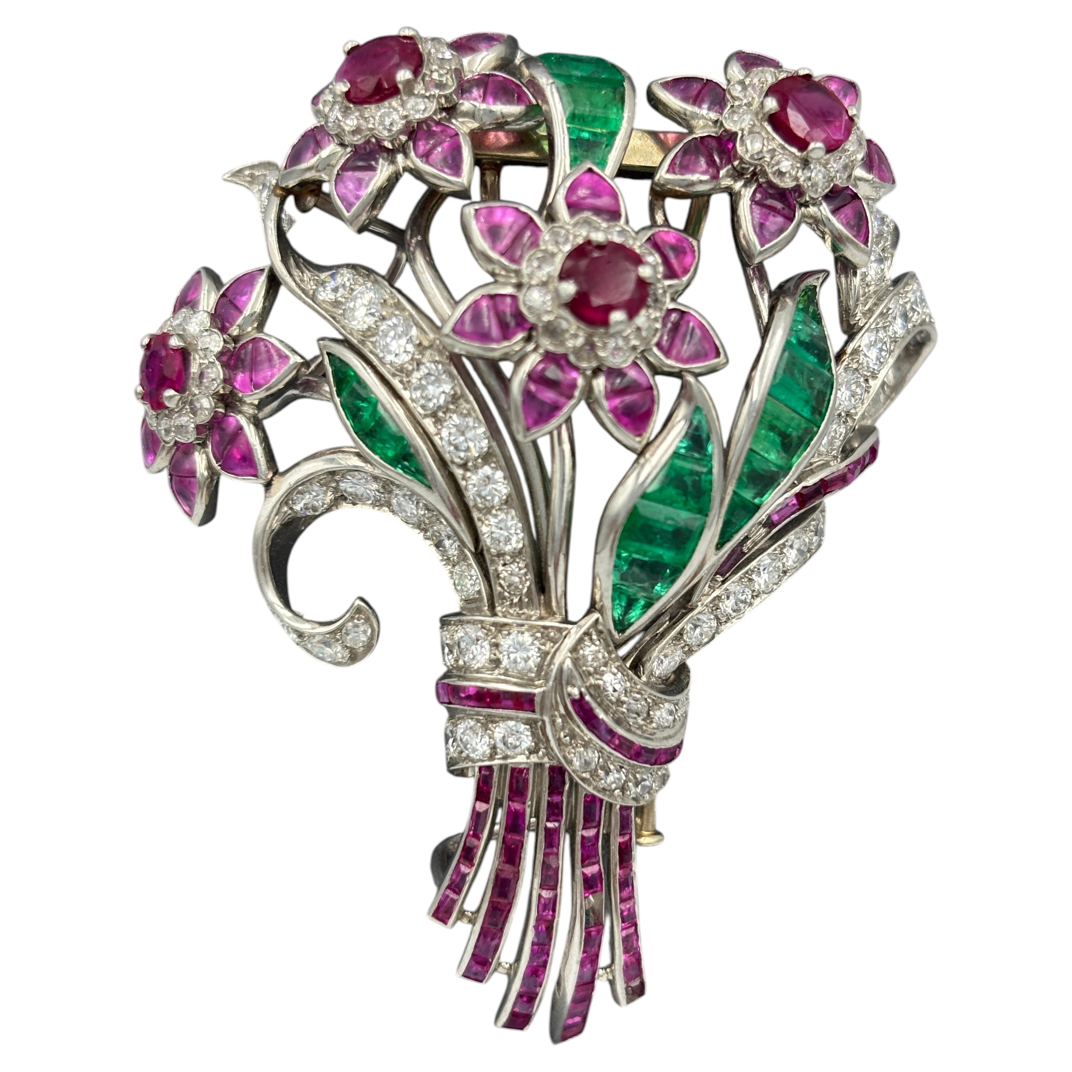 1940s Bouquet of Flowers Brooch. Platinum with rubies, pink sapphires, emeralds For Sale