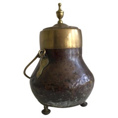 Vintage 1940s Brass and Copper Lidded Cauldron or Coal Kettle With Handle and Brass Feet