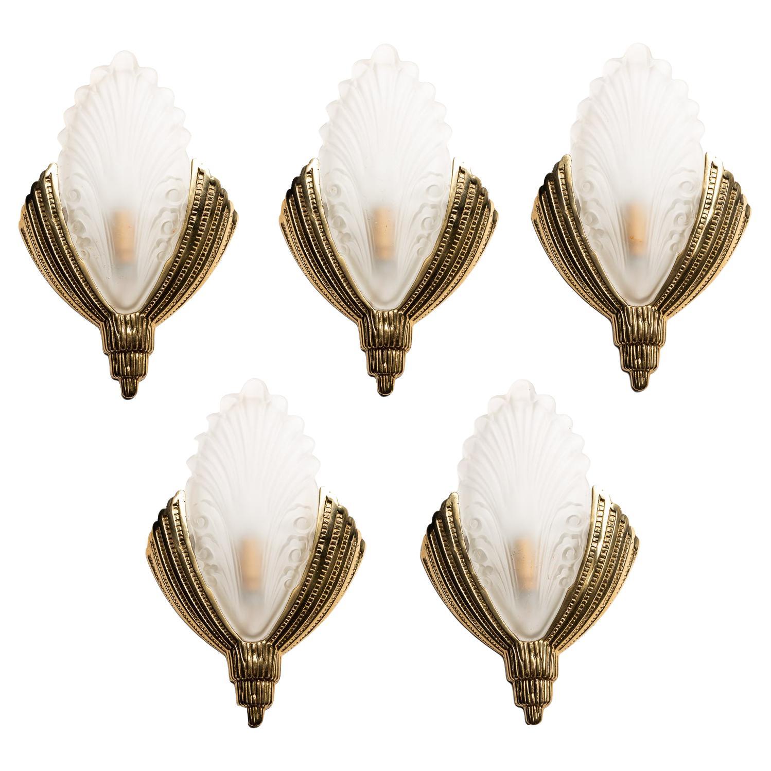 1940s Brass and Frosted Glass Artdeco Wall Lights Attributed to Degué For Sale
