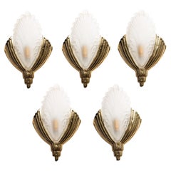 1940s Brass and Frosted Glass Artdeco Wall Lights Attributed to Degué