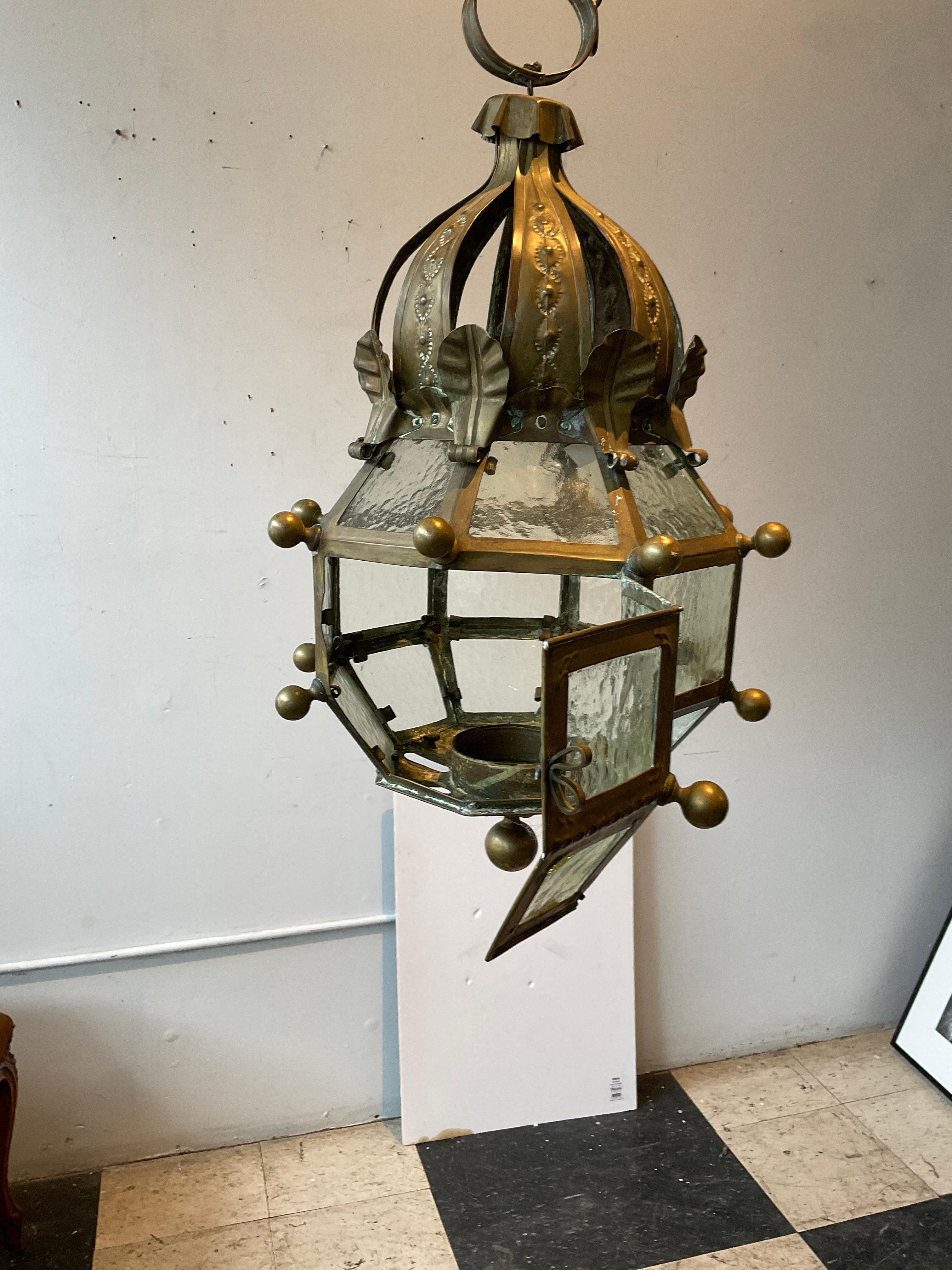 1940s Brass And Glass  Crown Lantern In Good Condition For Sale In Tarrytown, NY