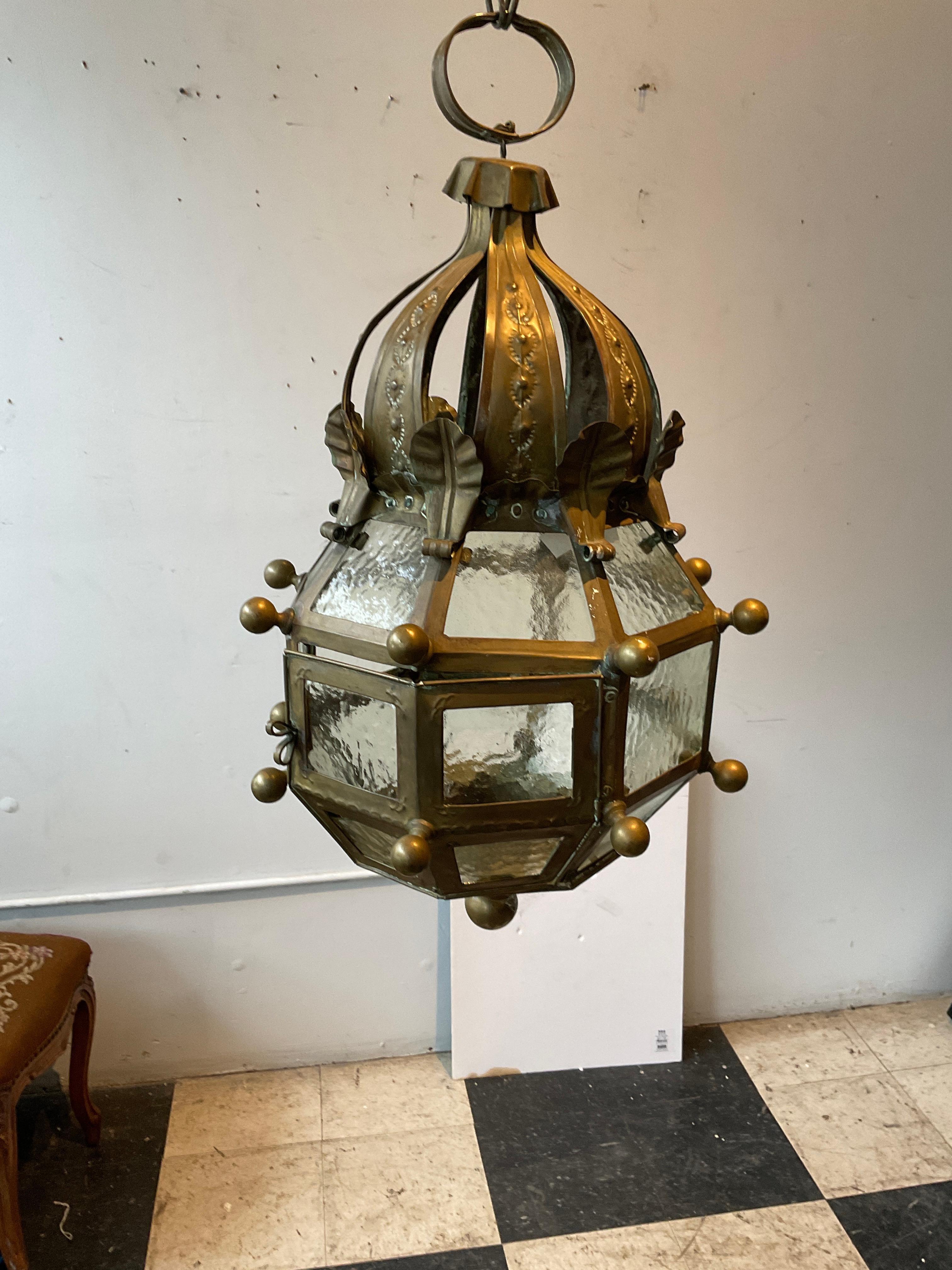 Mid-20th Century 1940s Brass And Glass  Crown Lantern For Sale