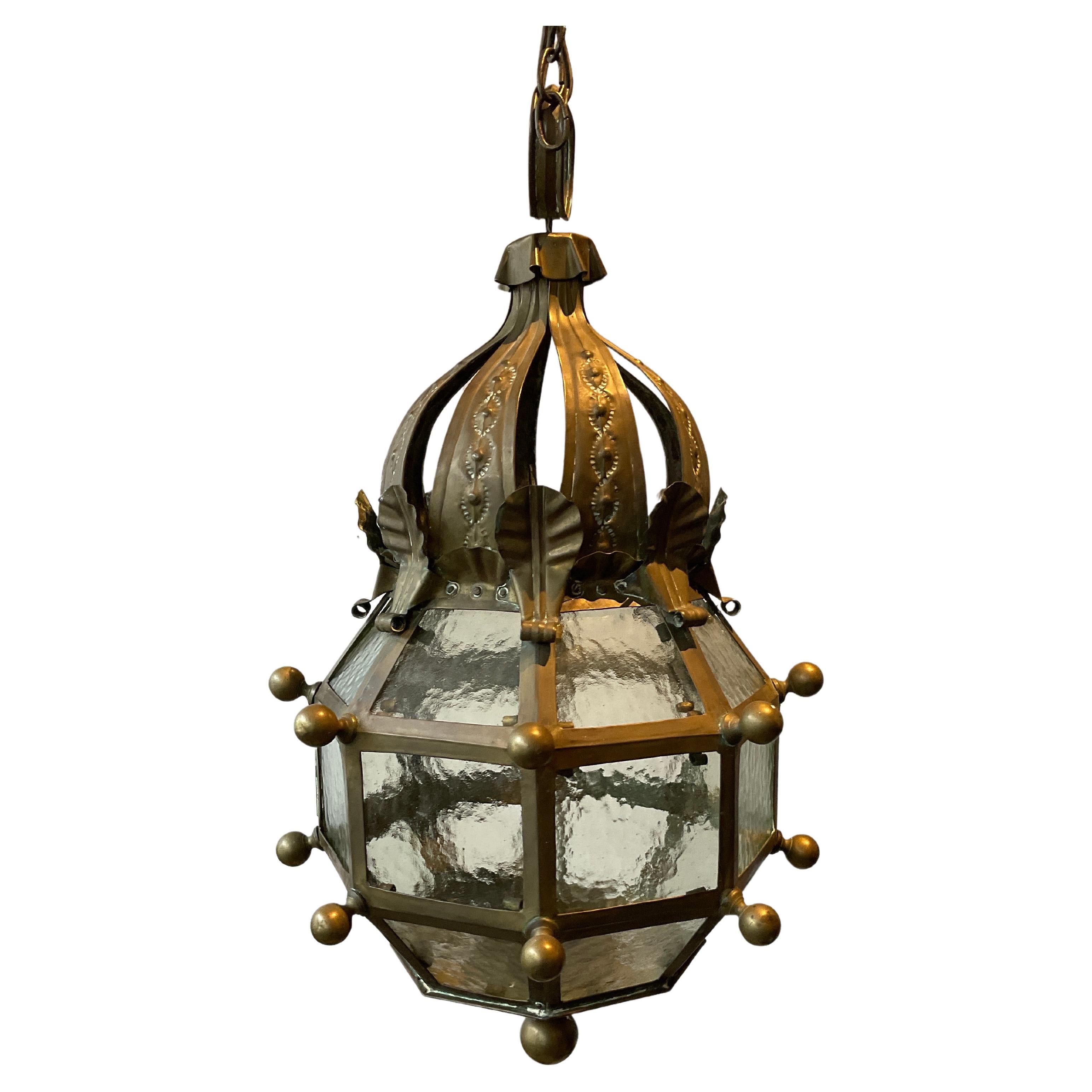 1940s Brass And Glass  Crown Lantern For Sale