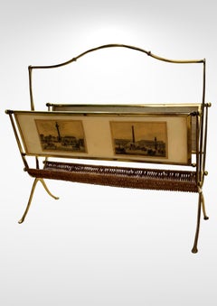 1940s Brass and Rattan Weave Magazine Rack by Maison Baguès