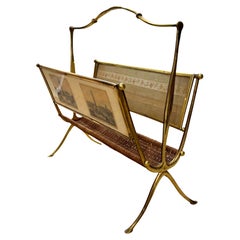 1940s Brass and Rattan Weave Magazine Rack by Maison Baguès