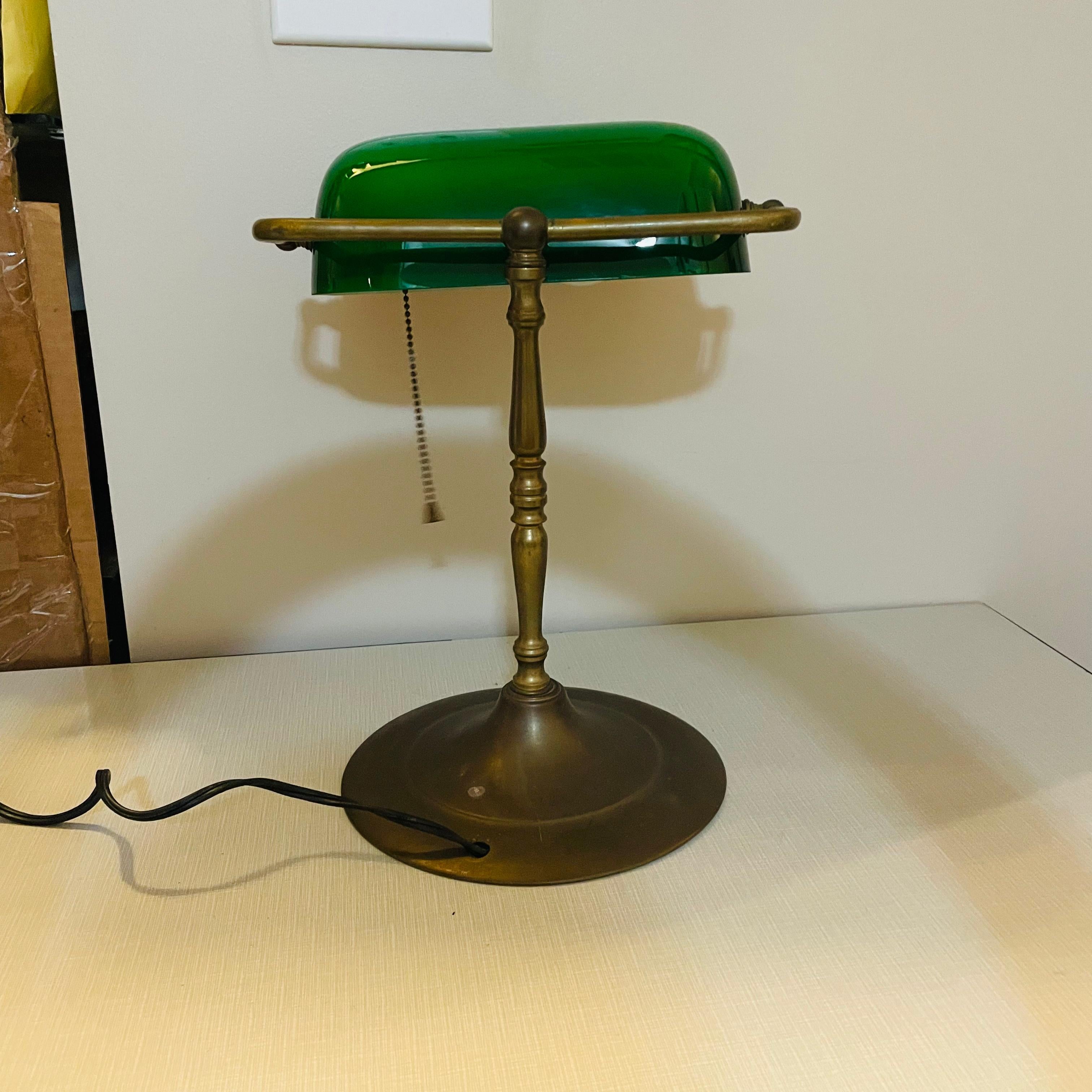 1940s Brass Banker Lamp with Green Glass Shade 3