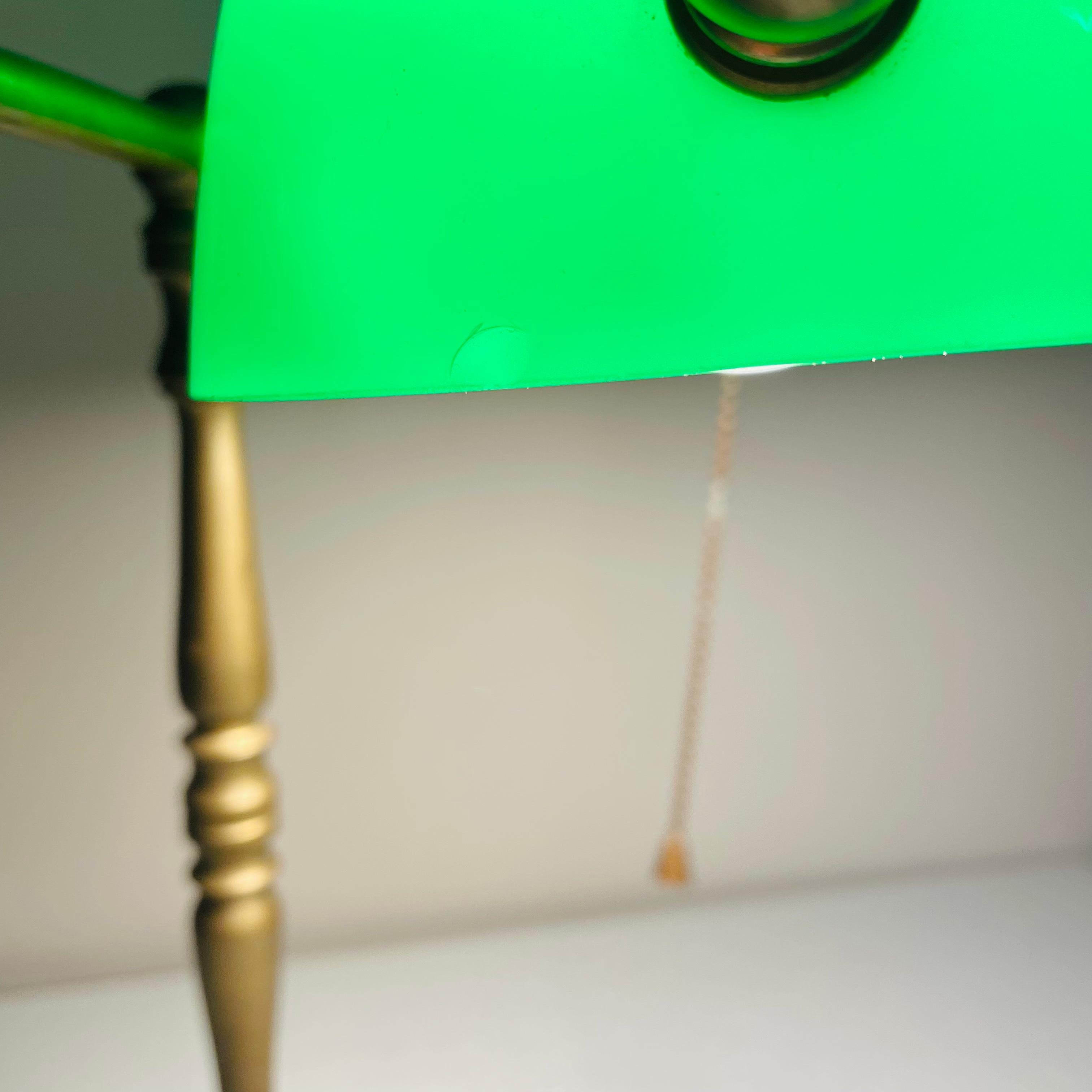 1940s Brass Banker Lamp with Green Glass Shade 4