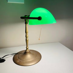 1940s Brass Banker Lamp with Green Glass Shade