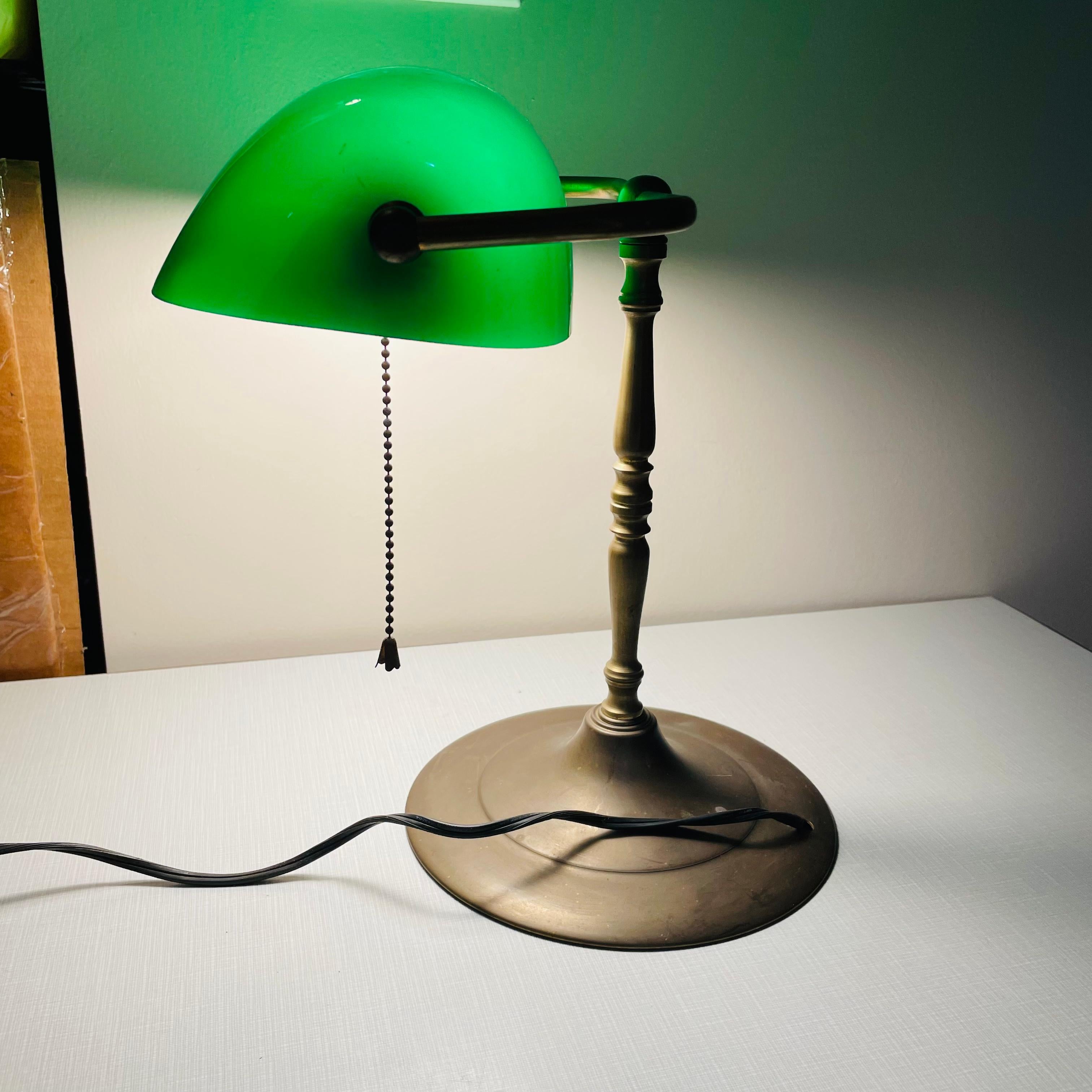Art Deco 1940s Brass Banker Lamp with Green Glass Shade