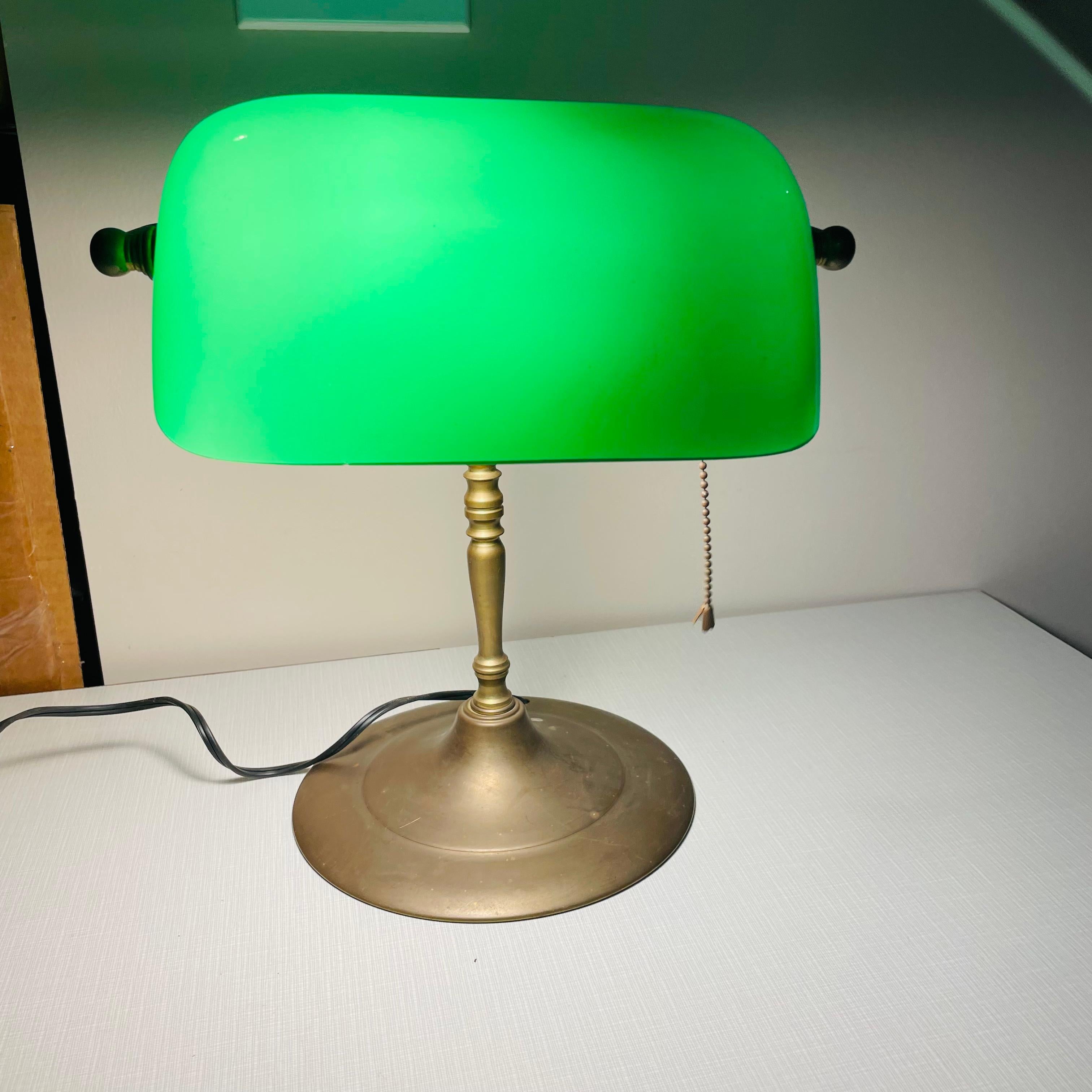 American 1940s Brass Banker Lamp with Green Glass Shade