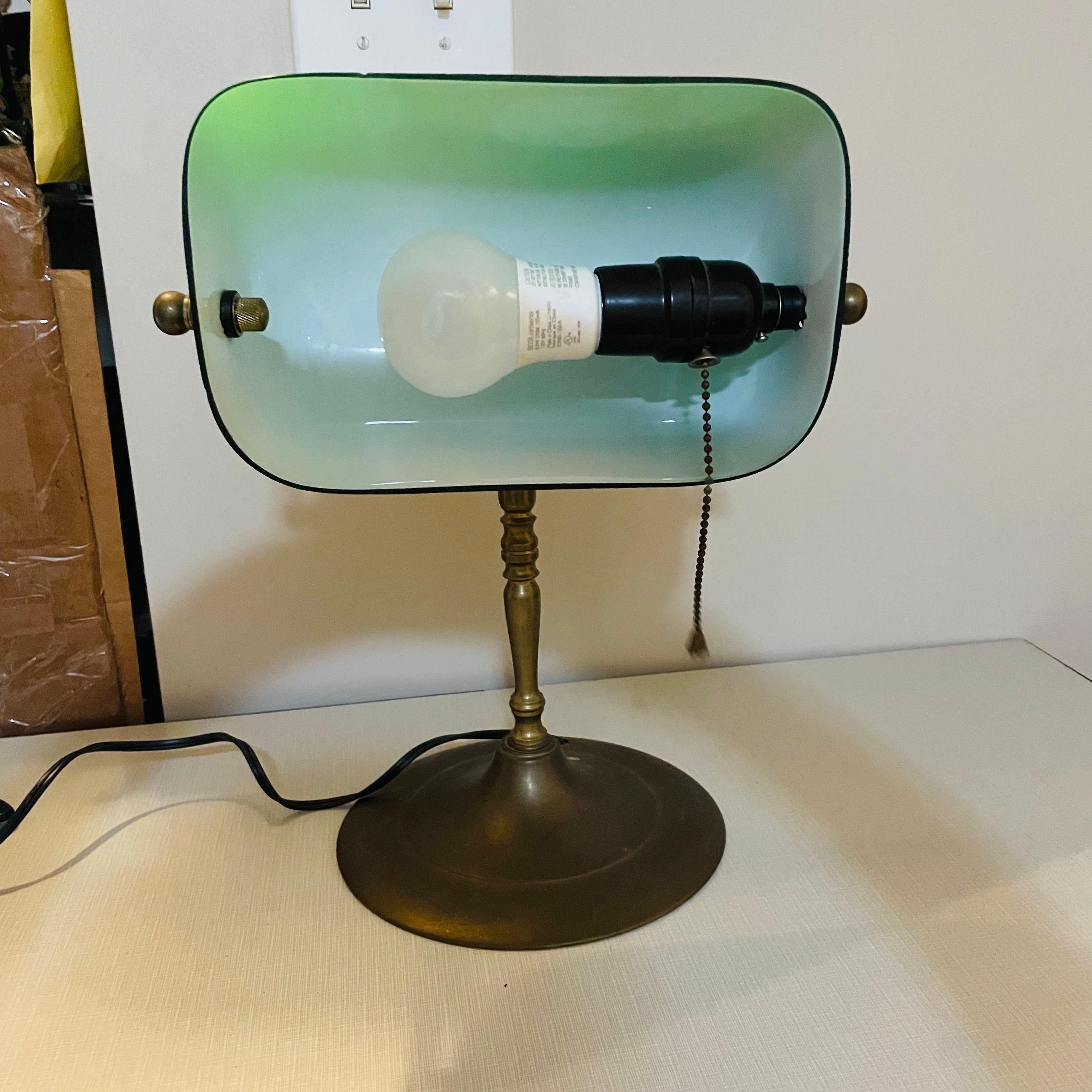 Mid-20th Century 1940s Brass Banker Lamp with Green Glass Shade