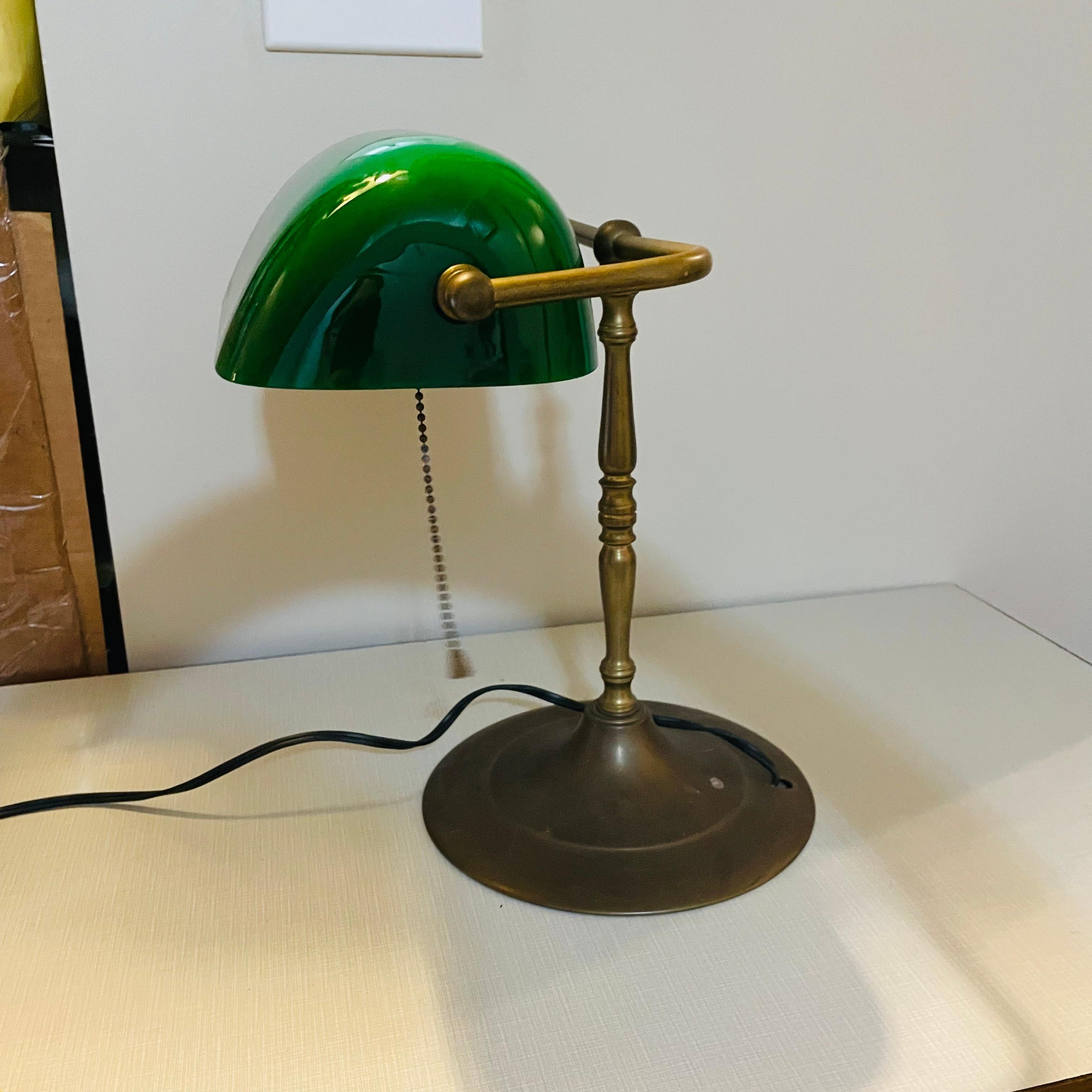 1940s Brass Banker Lamp with Green Glass Shade 1