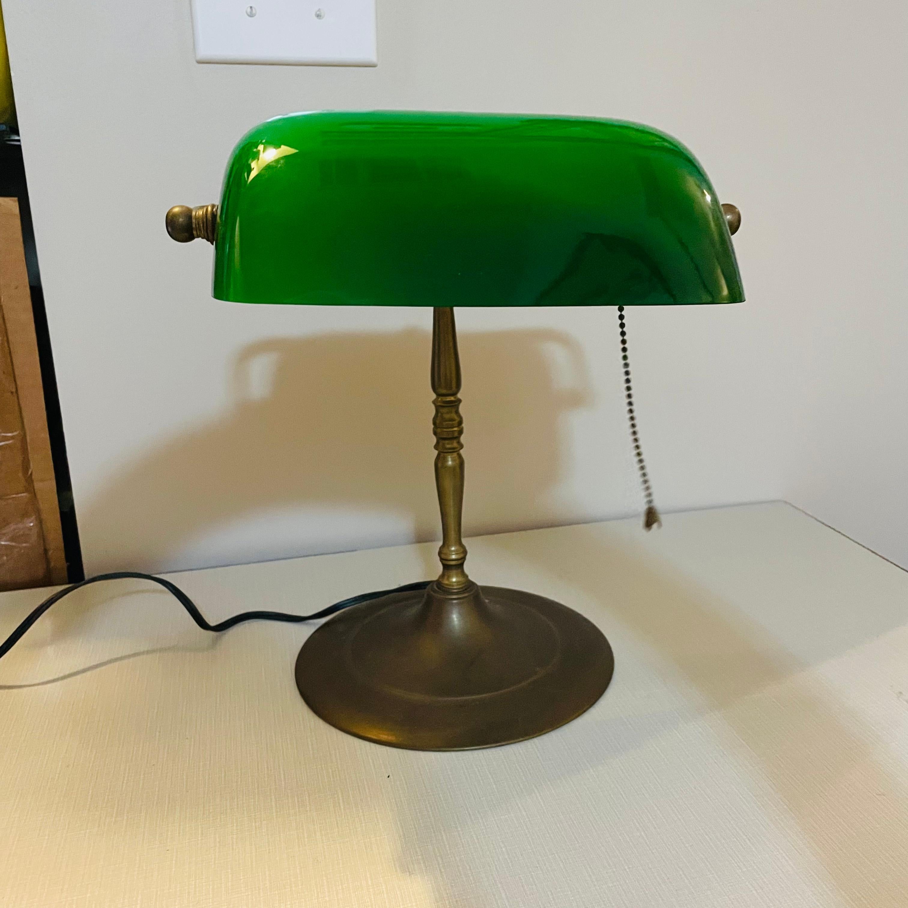 1940s Brass Banker Lamp with Green Glass Shade 2