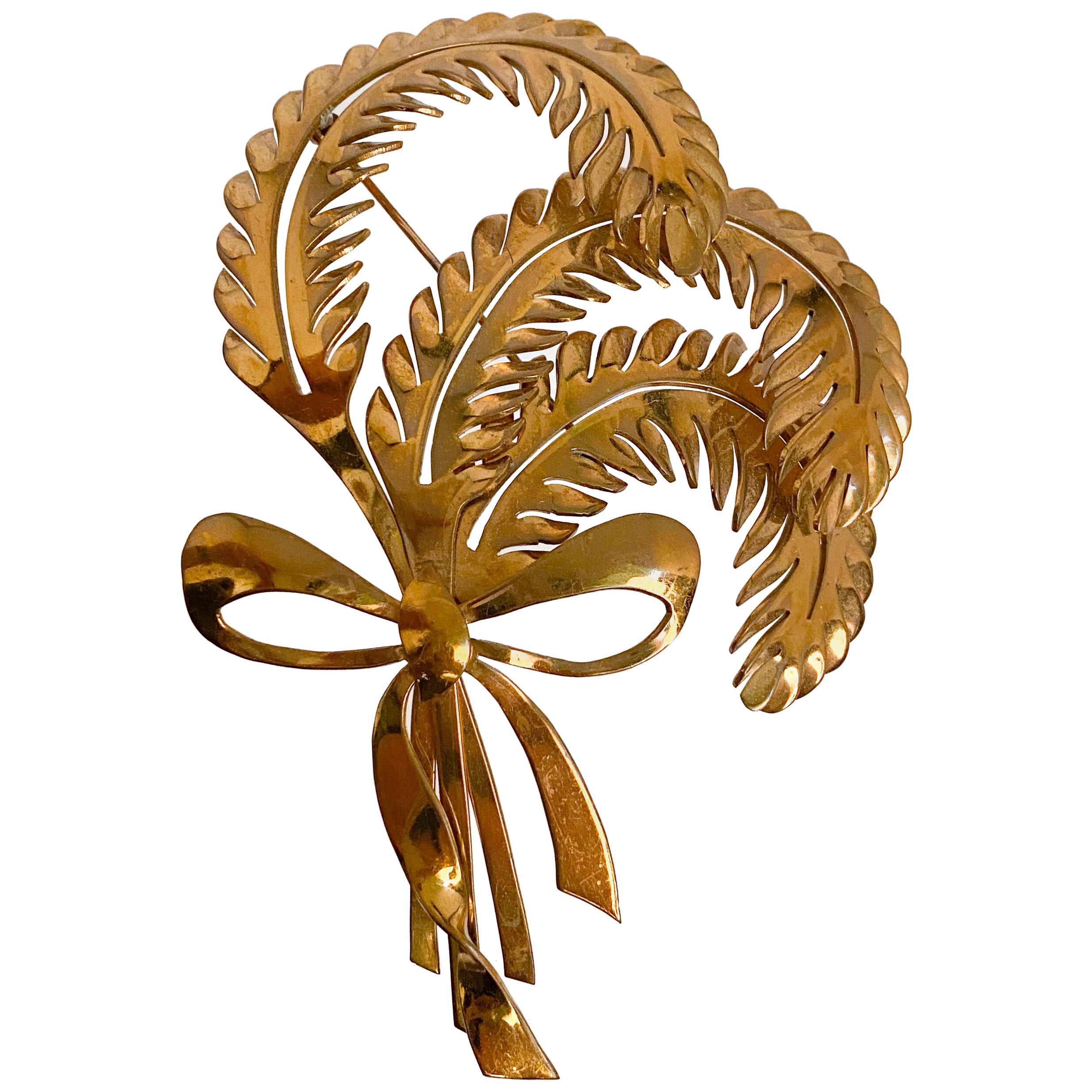 1940s Brass Brooch with Tied Feather Motif