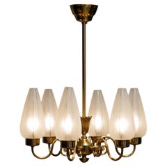 Vintage 1940s, Brass Chandelier with Frosted Art Glass Shades, Sweden