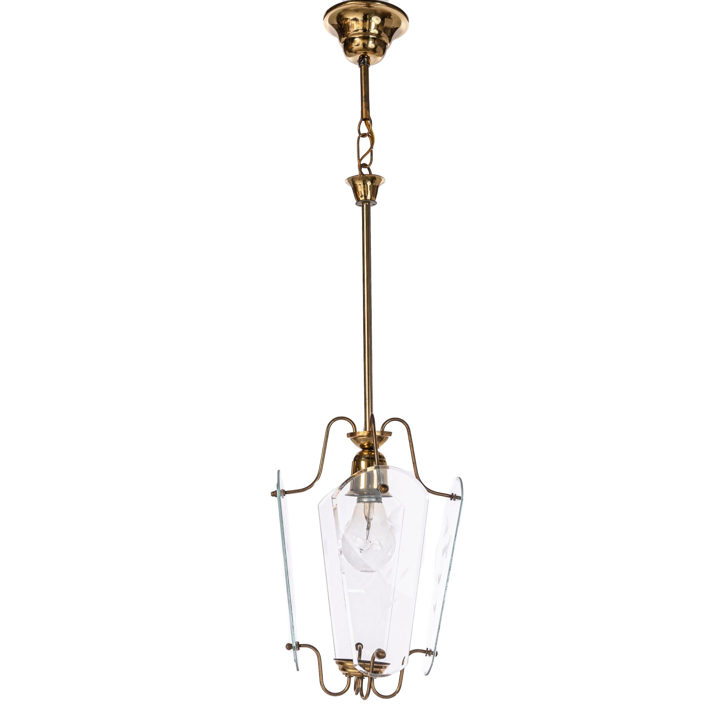 Delicate 1940s lantern. Consists of four etched glass panels, a brass frame and one E27 lightbulb.