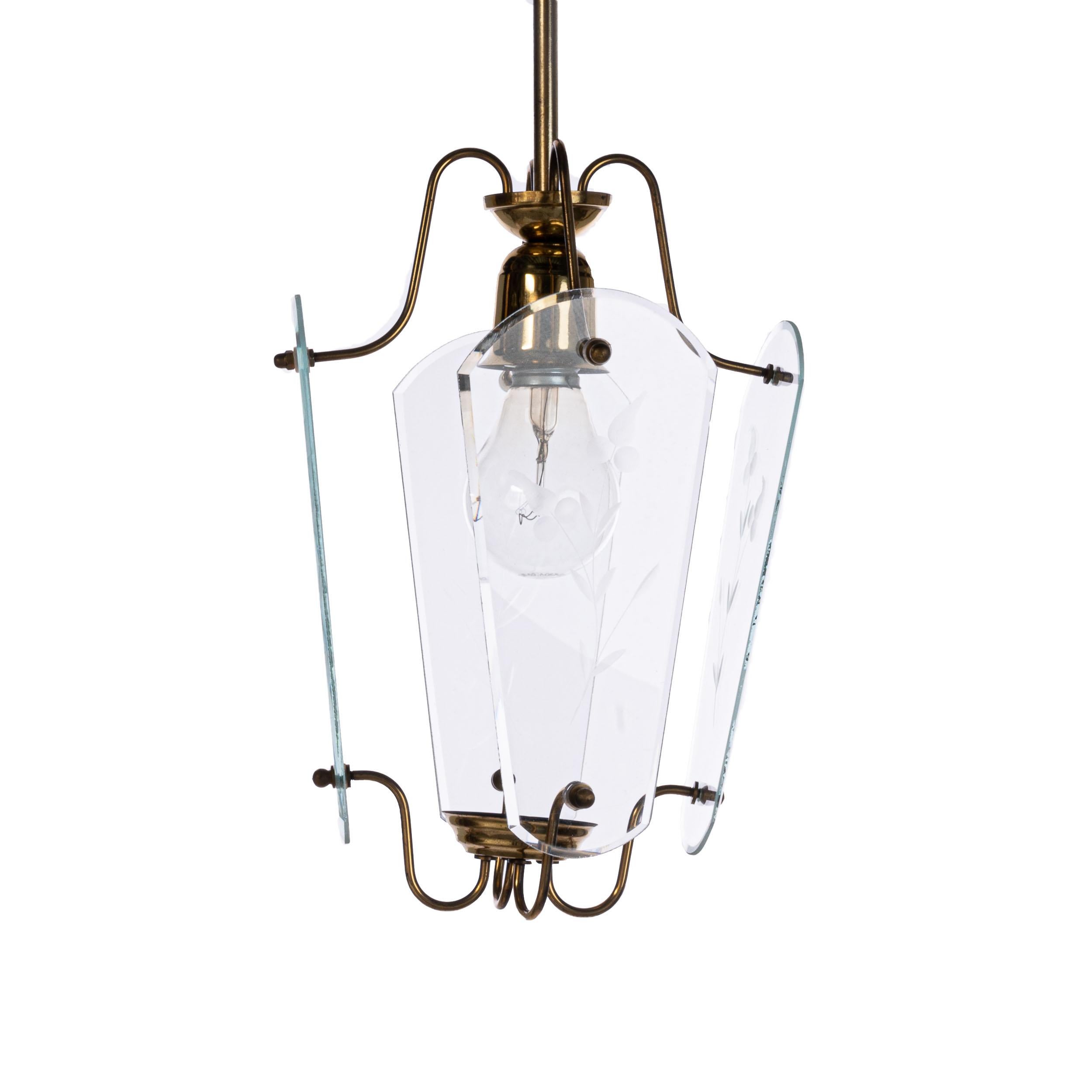Italian 1940's Brass & Glass Lantern Attributed to Pietro Chiesa For Sale