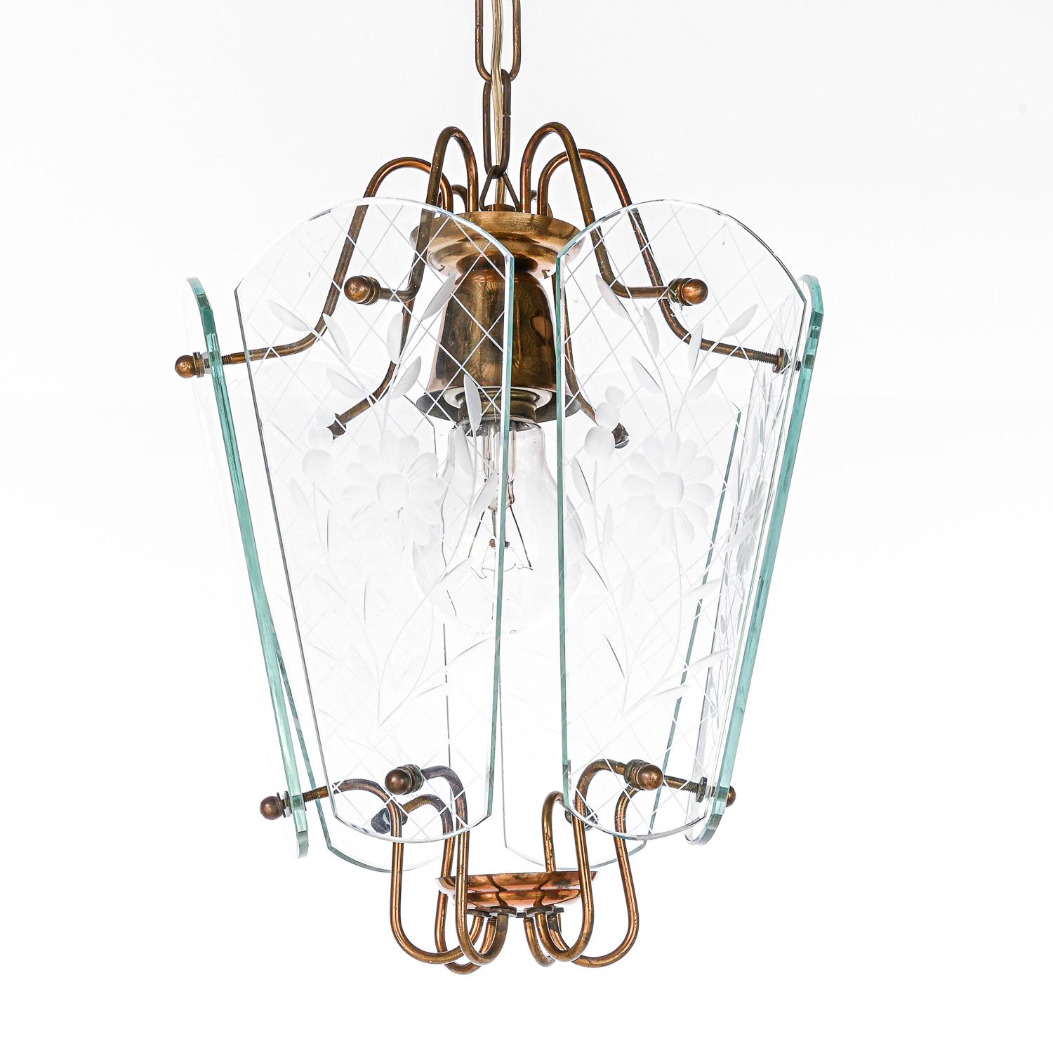 Mid-Century Modern 1940's Brass & Glass Lantern in Style of Pietro Chiesa For Sale
