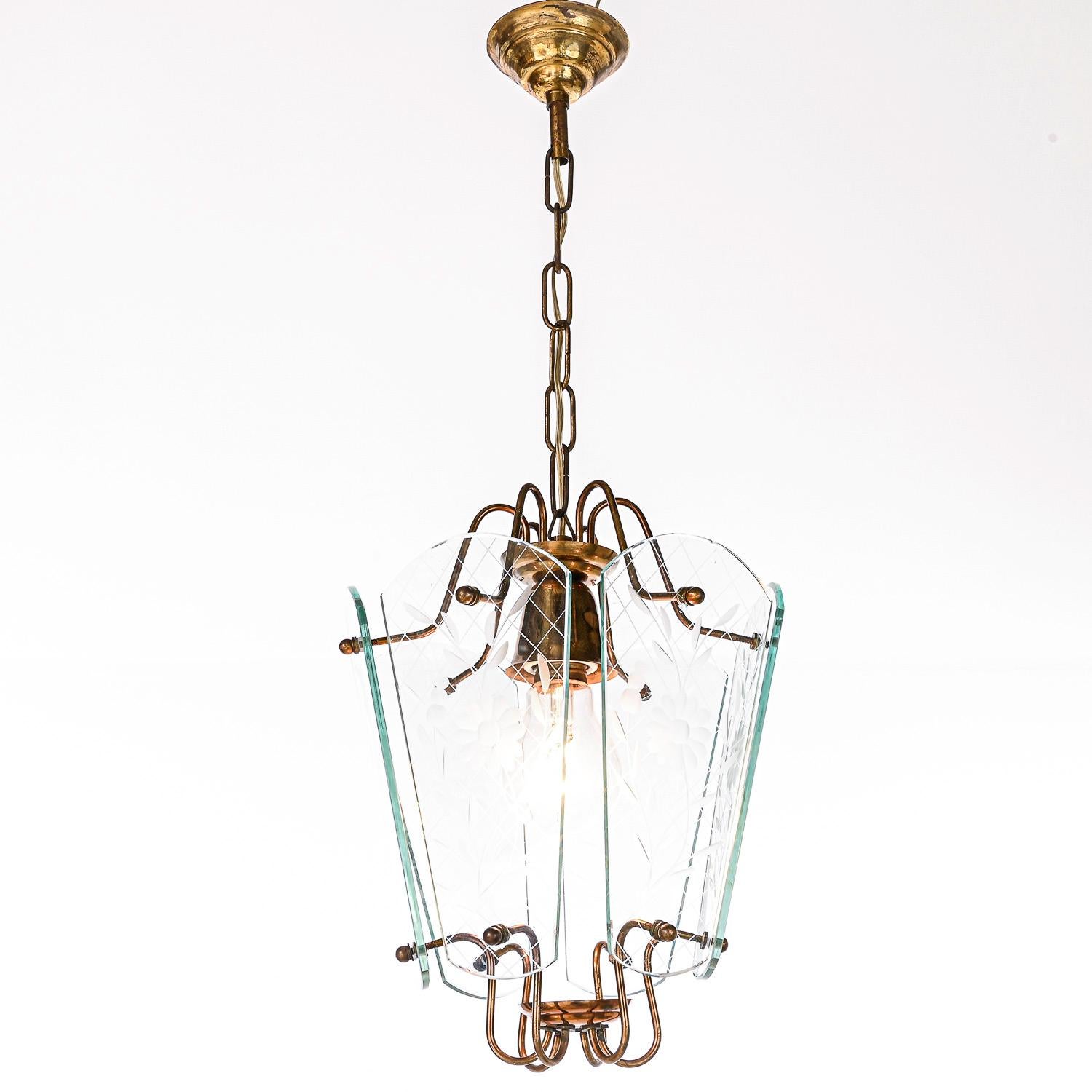 20th Century 1940's Brass & Glass Lantern in Style of Pietro Chiesa For Sale