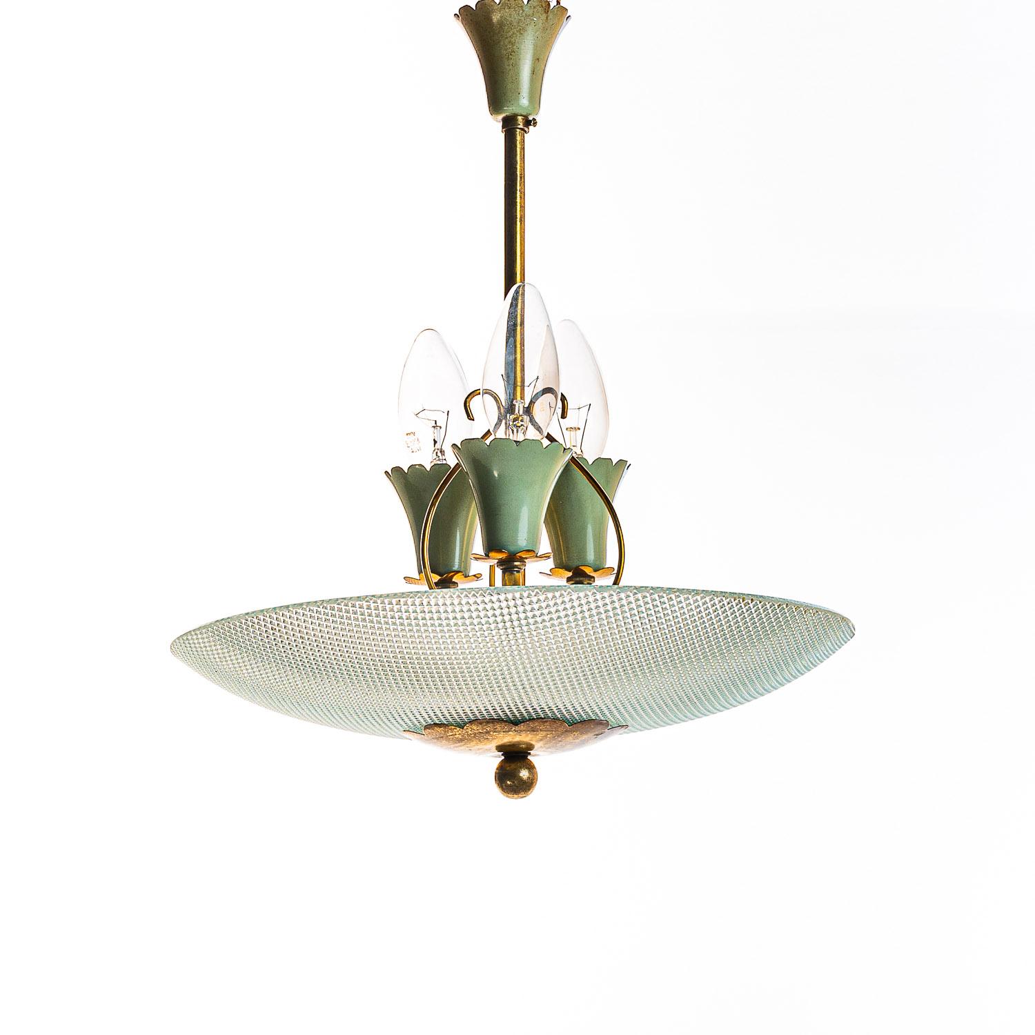 This elegant piece consisting of a brass frame and a unique ribbed glass reflector. 
The round ribbed glass reflector mounts below 3 green electrical E14 sockets. Brass hardware and stem. A elegant feature with soft light. 

Please note, we have