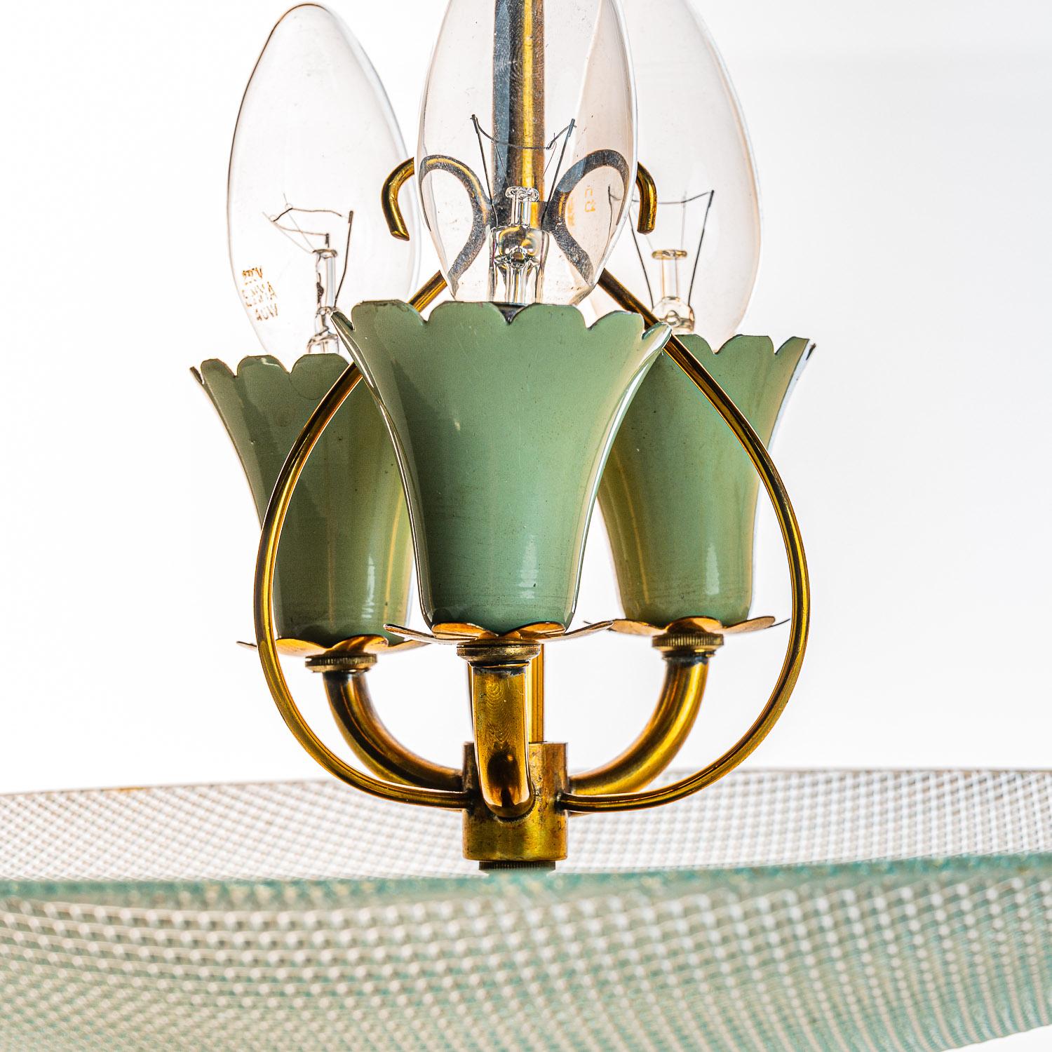 Italian 1940's Brass & Glass Pendant in style of Fontana Arte For Sale