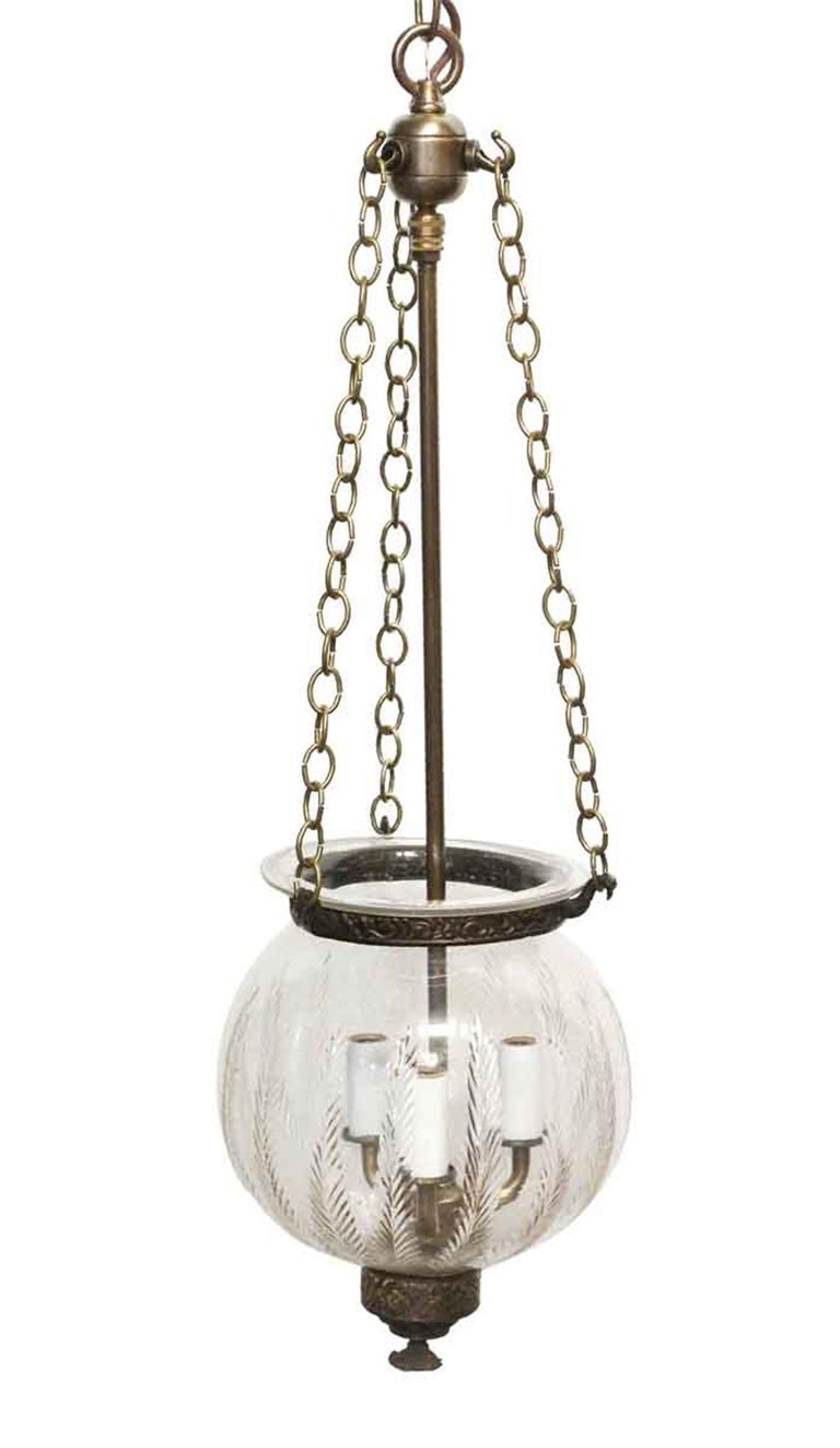 1940s Brass Hand Blown Bell Jar Pendant Light with Three Lights For
