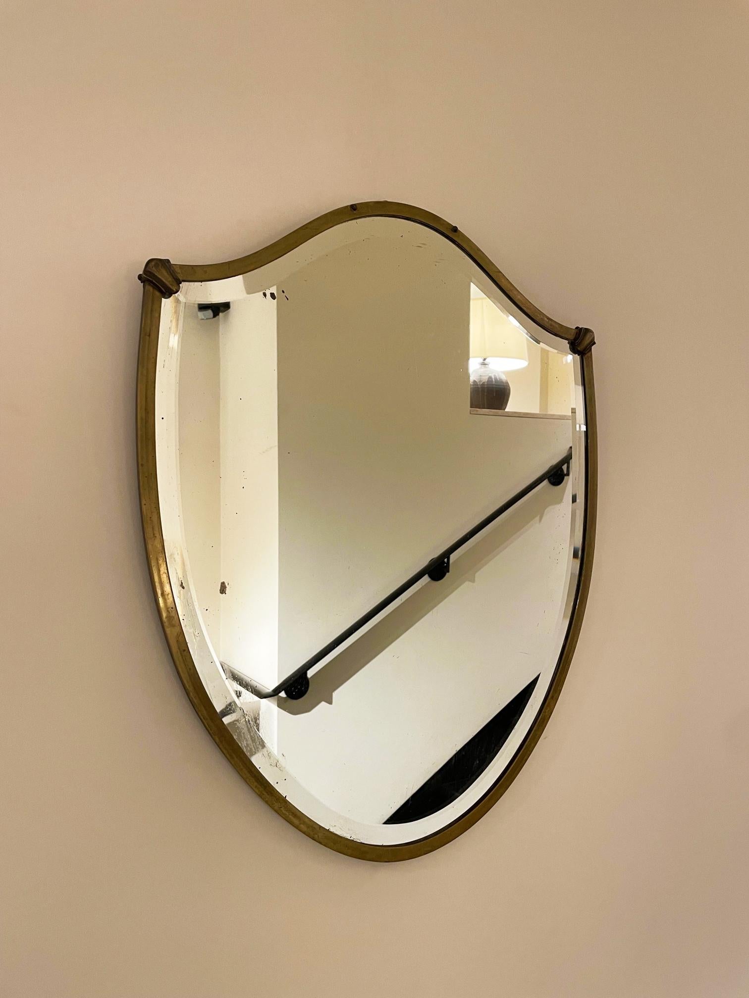 Mid-Century Modern 1940s Brass Shield Mirror