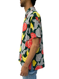 1940S BRENTWOOD Emerald Green Floral Print Cotton Mother Of Pearl Buttons Hawai