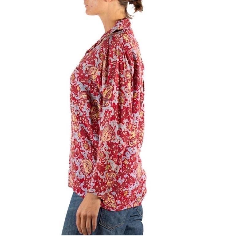 Pink 1940S Brick Red & Blue Cold Rayon Button Down Men's Shirt For Sale