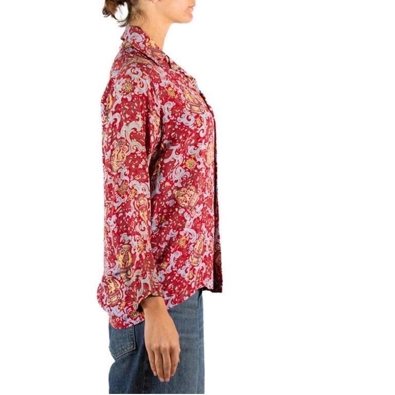 1940S Brick Red & Blue Cold Rayon Button Down Men's Shirt In Excellent Condition For Sale In New York, NY