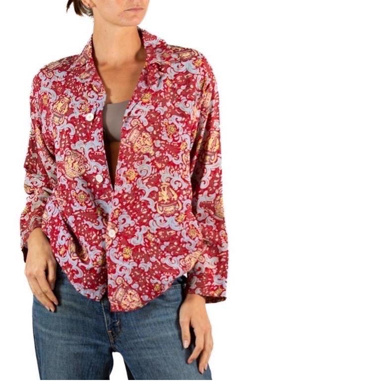 1940S Brick Red & Blue Cold Rayon Button Down Men's Shirt For Sale 1