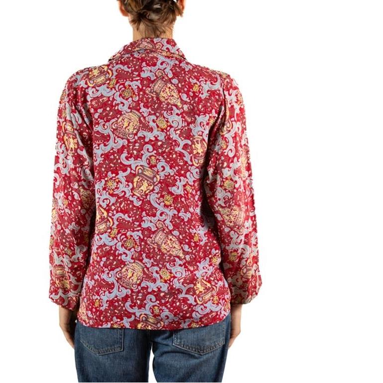 1940S Brick Red & Blue Cold Rayon Button Down Men's Shirt For Sale 2